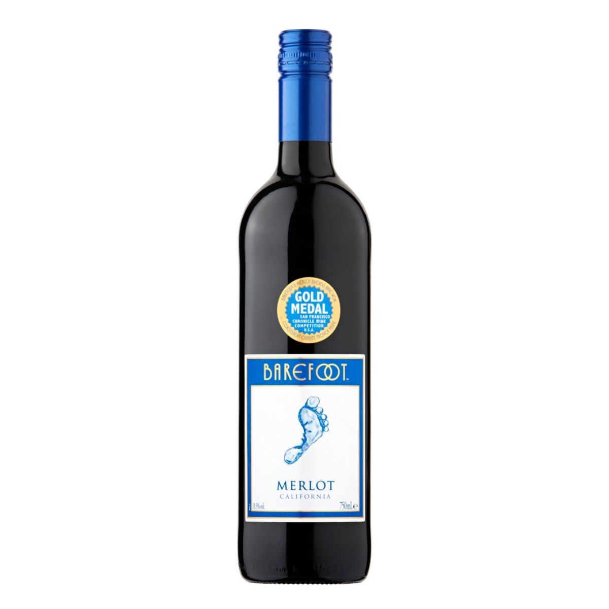 A bottle of Barefoot - Merlot Red Wine (13.5% ABV) - 750ml with a blue label. A bottle of Barefoot - Merlot Red Wine (13.5% ABV) - 750ml with a blue label.
