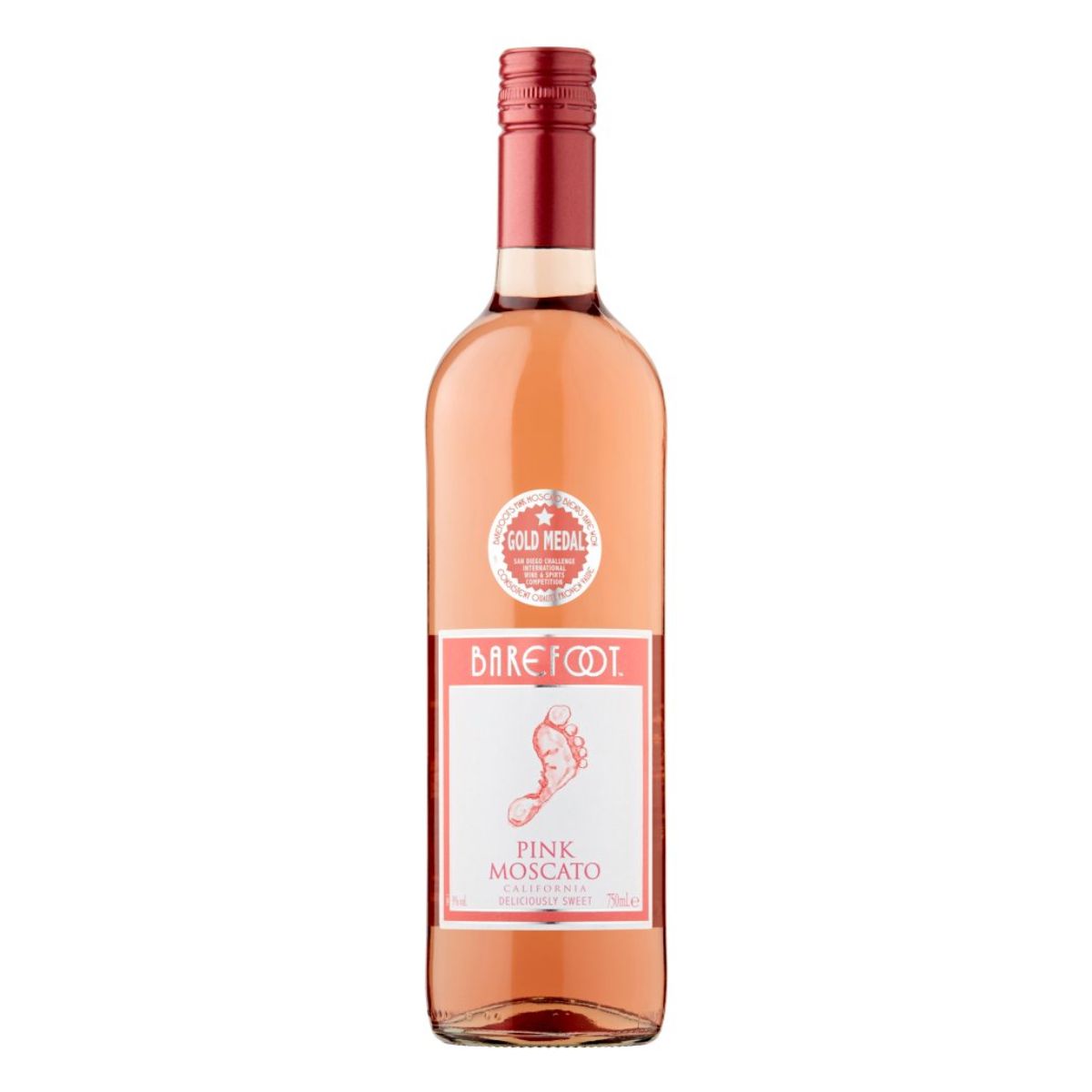 A bottle of Barefoot - Pink Moscato Rose Wine (9.0% ABV) - 750ml with a pink label. A bottle of Barefoot - Pink Moscato Rose Wine (9.0% ABV) - 750ml with a pink label.