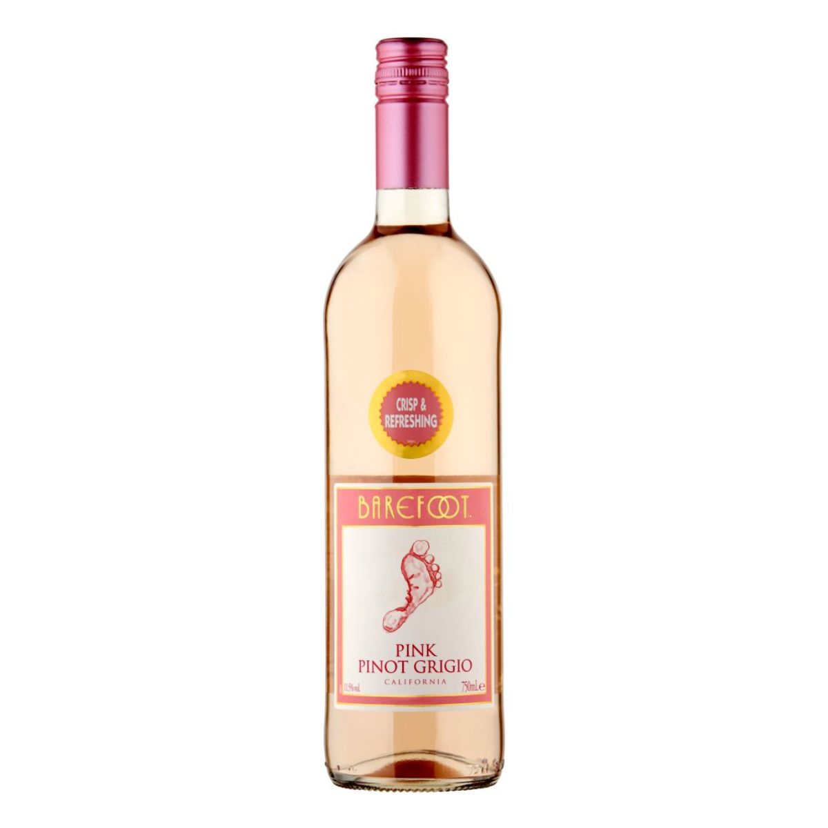 A bottle of Barefoot - Pink Pinot Grigio Rose Wine (12% ABV) - 750ml on a white background.