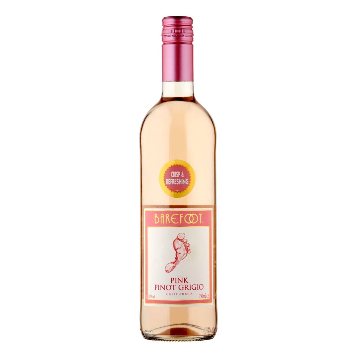 A bottle of Barefoot - Pink Pinot Grigio Rose Wine (12% ABV) - 750ml on a white background. A bottle of Barefoot - Pink Pinot Grigio Rose Wine (12% ABV) - 750ml on a white background.