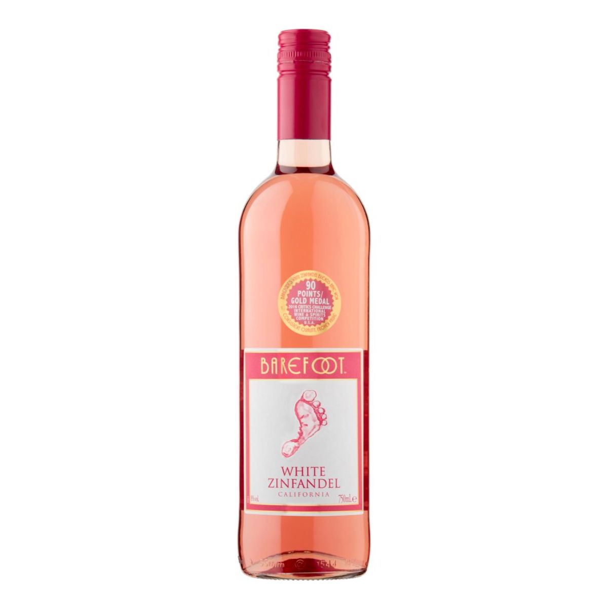 A bottle of Barefoot - White Zinfandel Rose Wine (8.0% ABV) - 750ml with a pink label.