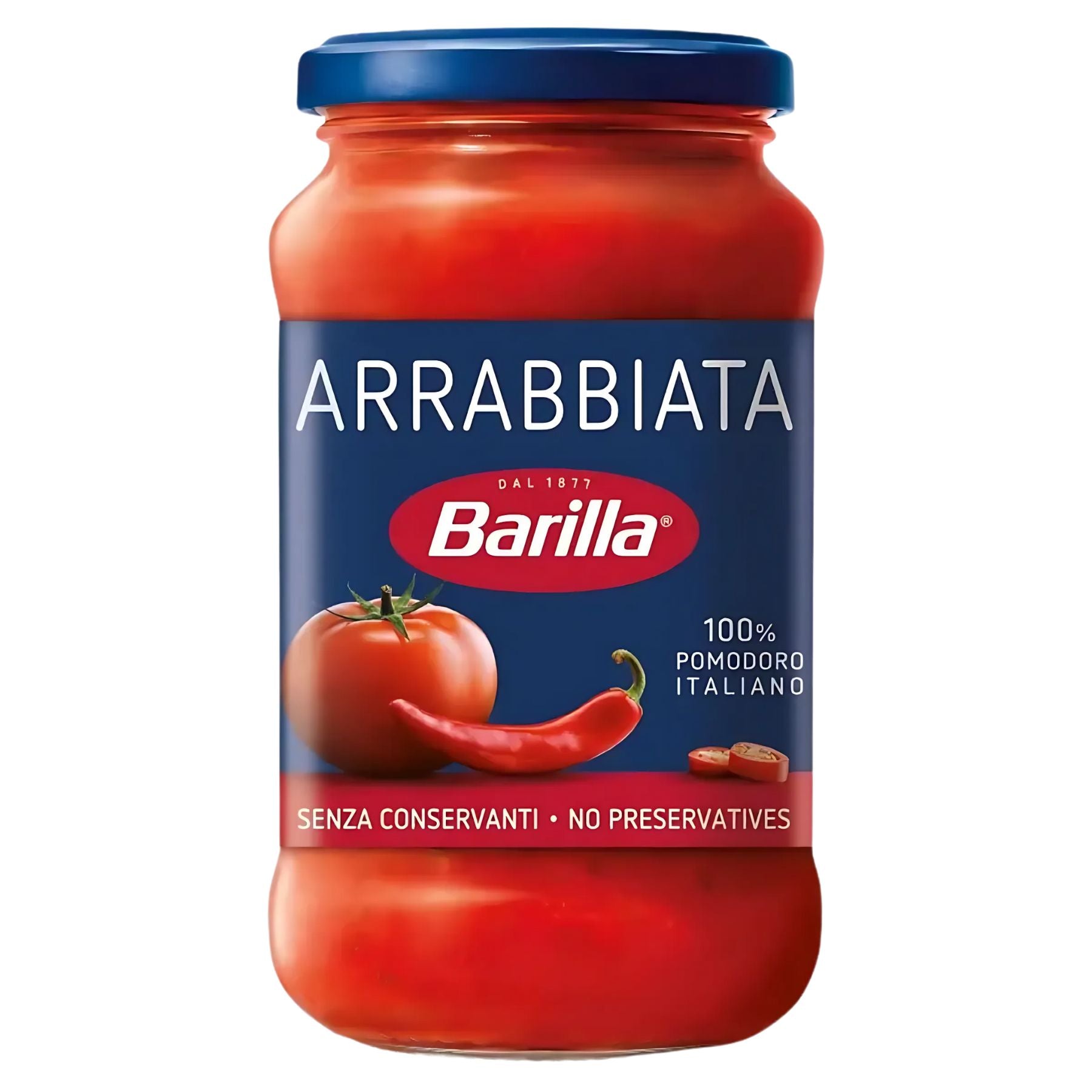 Barilla Arrabbiata Sauce (400g) is a spicy tomato sauce labeled “No Preservatives” and “100% Pomodoro Italiano,” ideal for fans of authentic Italian pasta sauces. Barilla Arrabbiata Sauce (400g) is a spicy tomato sauce labeled “No Preservatives” and “100% Pomodoro Italiano,” ideal for fans of authentic Italian pasta sauces.
