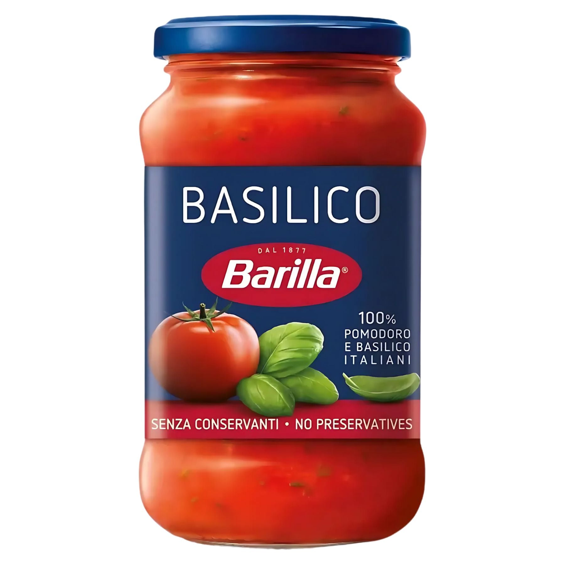A 400g glass jar of Barilla Basilico Sauce with a blue lid and label, featuring tomato and basil images, and text stating "No Preservatives. A 400g glass jar of Barilla Basilico Sauce with a blue lid and label, featuring tomato and basil images, and text stating "No Preservatives.