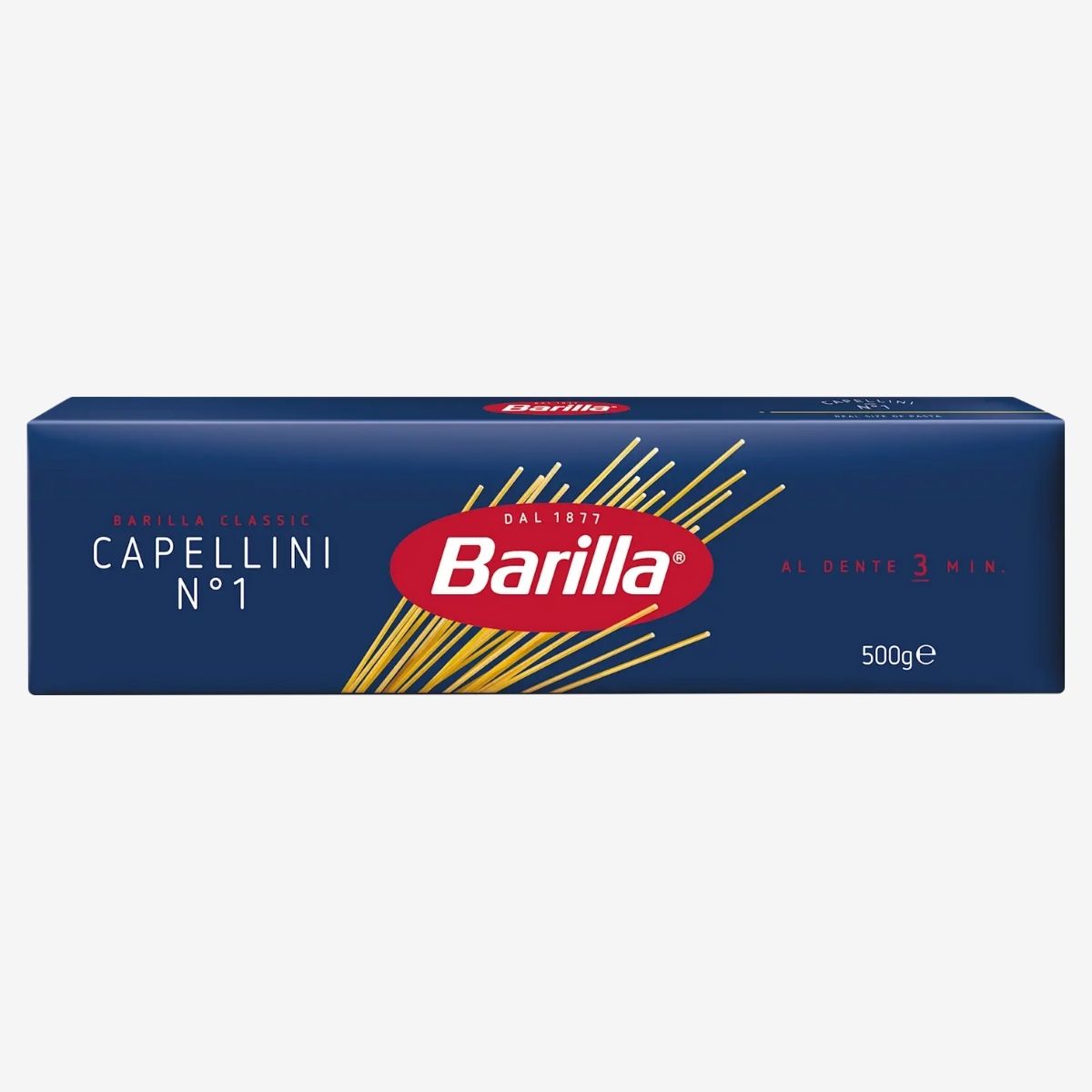 Barilla - Capellini Pasta n.1 - 500g comes in blue packaging with the iconic red logo, delivering perfectly al dente pasta in just 3 minutes. Barilla - Capellini Pasta n.1 - 500g comes in blue packaging with the iconic red logo, delivering perfectly al dente pasta in just 3 minutes.