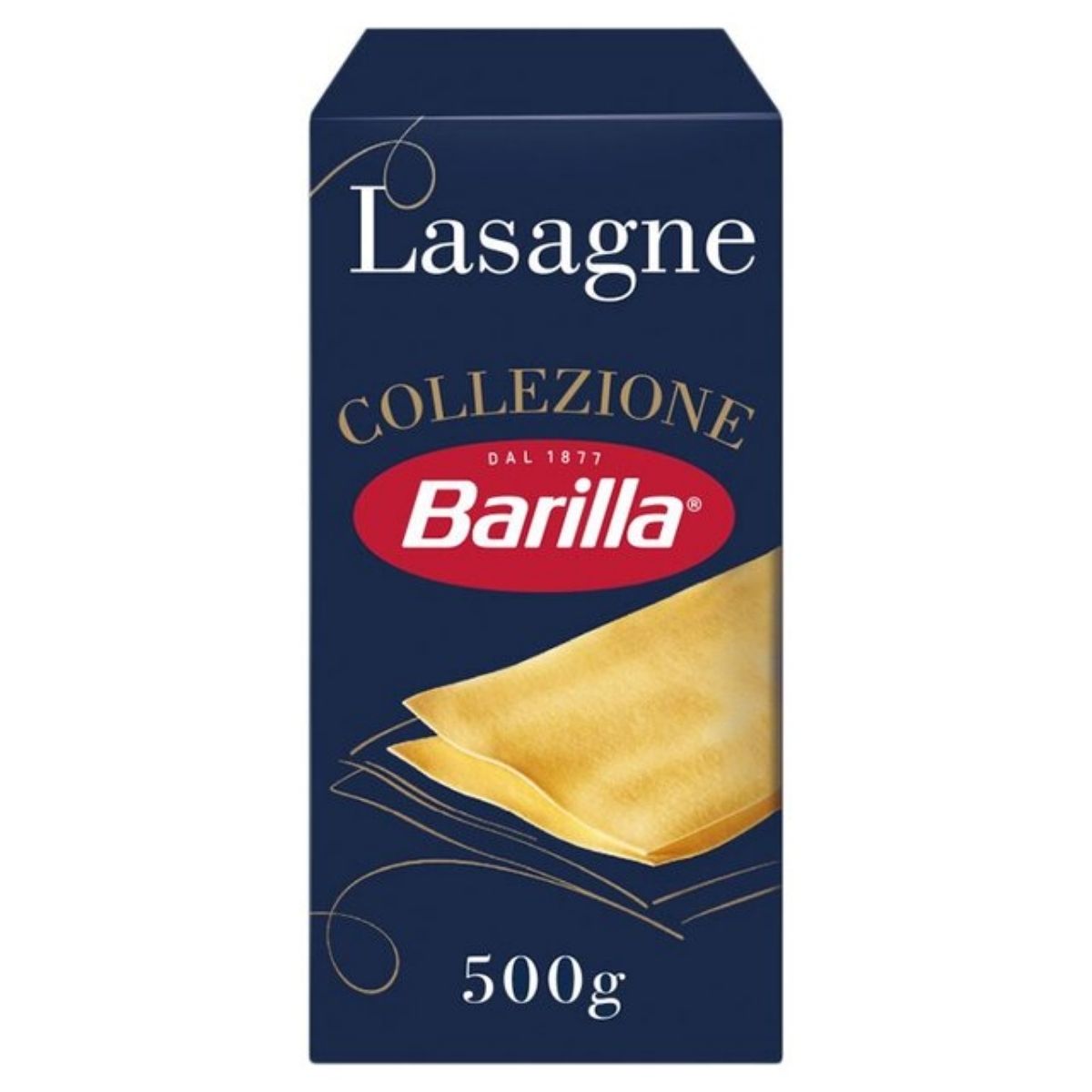 A 500g box of Barilla - Collezione Lasagne n.189 features lasagne sheet illustrations, ideal for tasty dishes. The navy blue packaging is detailed with red and white lettering. A 500g box of Barilla - Collezione Lasagne n.189 features lasagne sheet illustrations, ideal for tasty dishes. The navy blue packaging is detailed with red and white lettering.