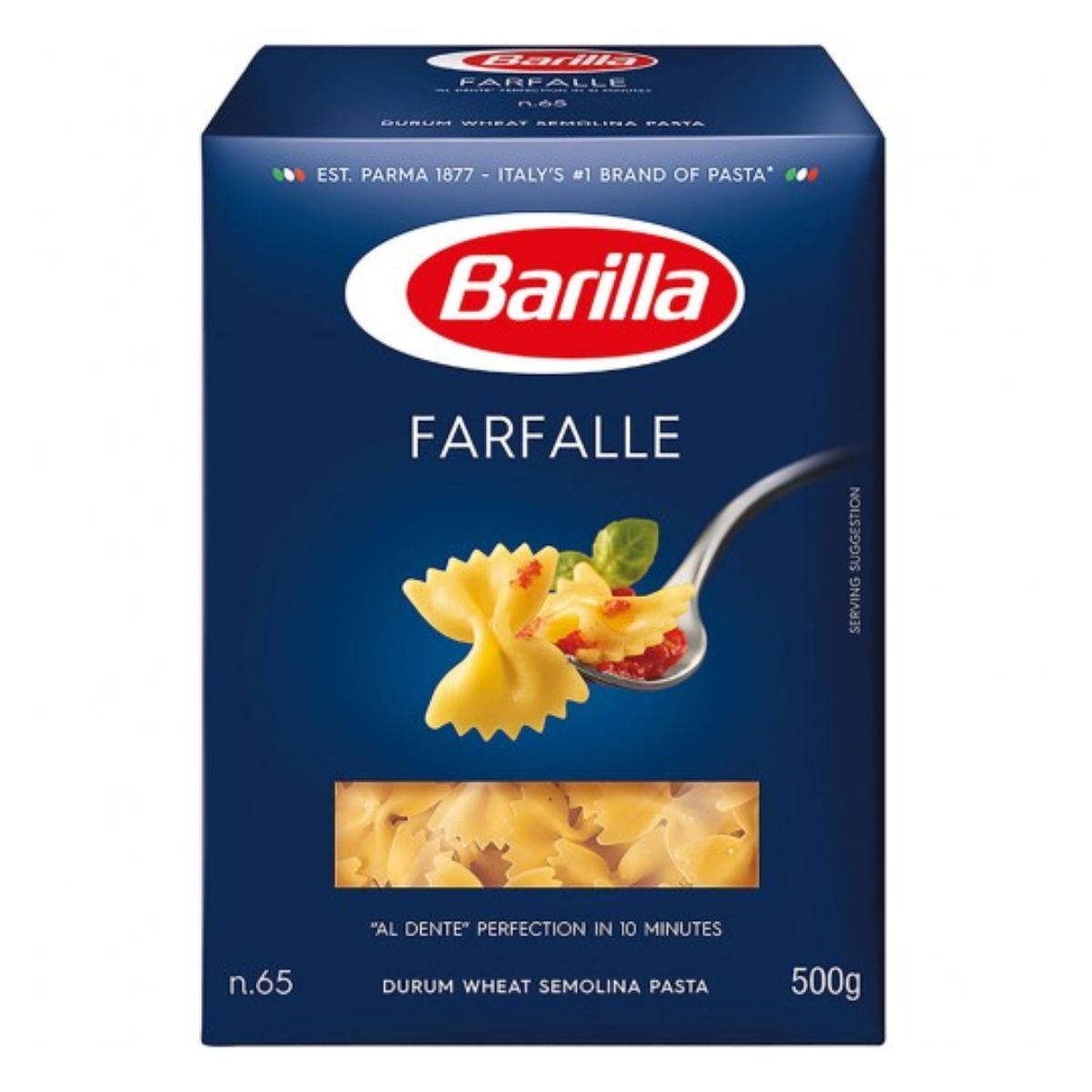 Box of Barilla - Farfalle Pasta - 500g with a depiction of the product and tomatoes and basil on a fork.