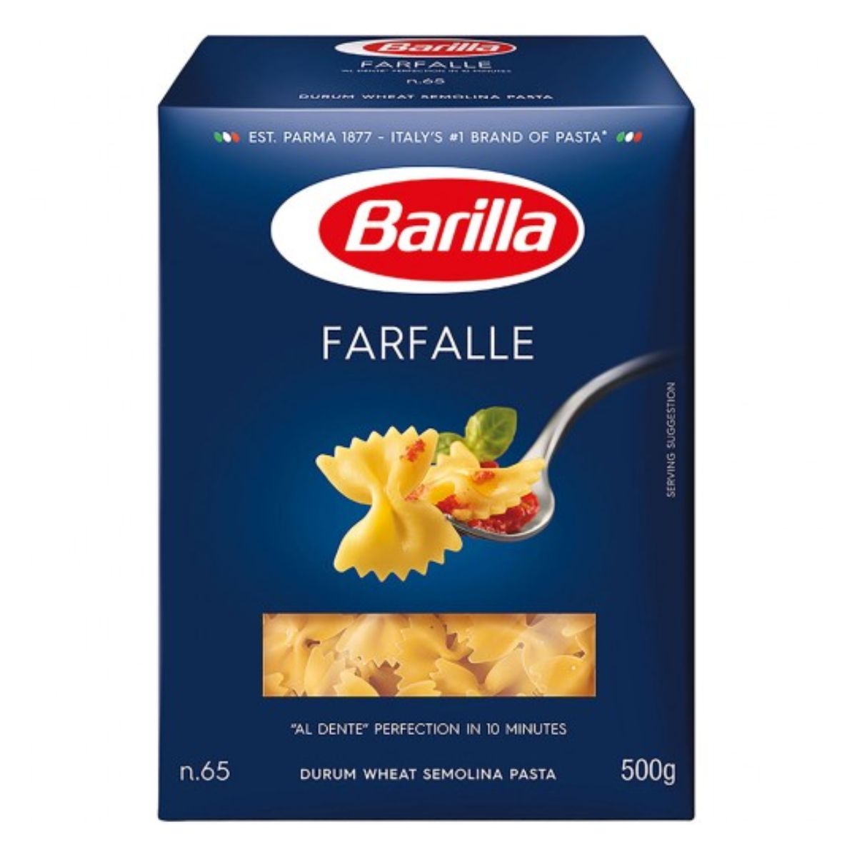 Box of Barilla - Farfalle Pasta - 500g with a depiction of the product and tomatoes and basil on a fork. Box of Barilla - Farfalle Pasta - 500g with a depiction of the product and tomatoes and basil on a fork.