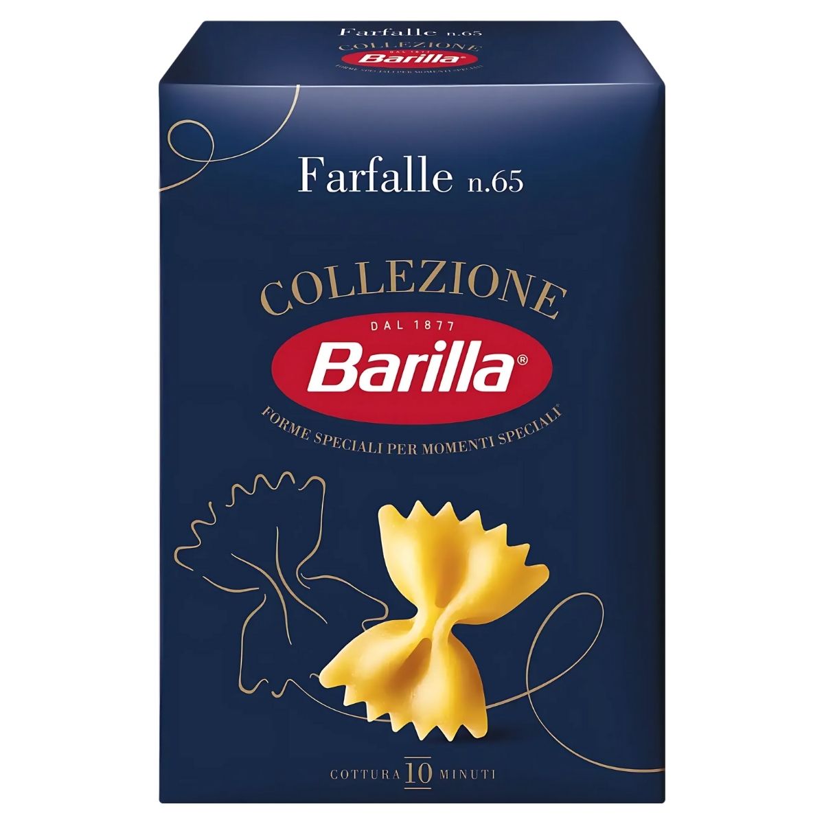 The Barilla - Farfalle Pasta n.65 - 500g box sports a blue design highlighting bowtie-shaped pasta made from premium durum wheat, with a cooking time of just 10 minutes, ensuring a delightful meal. The Barilla - Farfalle Pasta n.65 - 500g box sports a blue design highlighting bowtie-shaped pasta made from premium durum wheat, with a cooking time of just 10 minutes, ensuring a delightful meal.