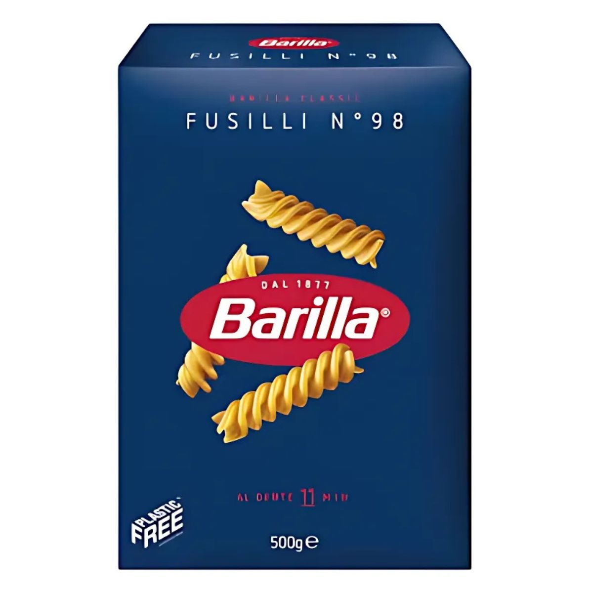 Barilla Fusilli No. 98, a blue box of gluten-free pasta weighing 500g, features two fusilli illustrations and an 11-minute cooking time, promising a delightful twist on your favorite dish. Barilla Fusilli No. 98, a blue box of gluten-free pasta weighing 500g, features two fusilli illustrations and an 11-minute cooking time, promising a delightful twist on your favorite dish.