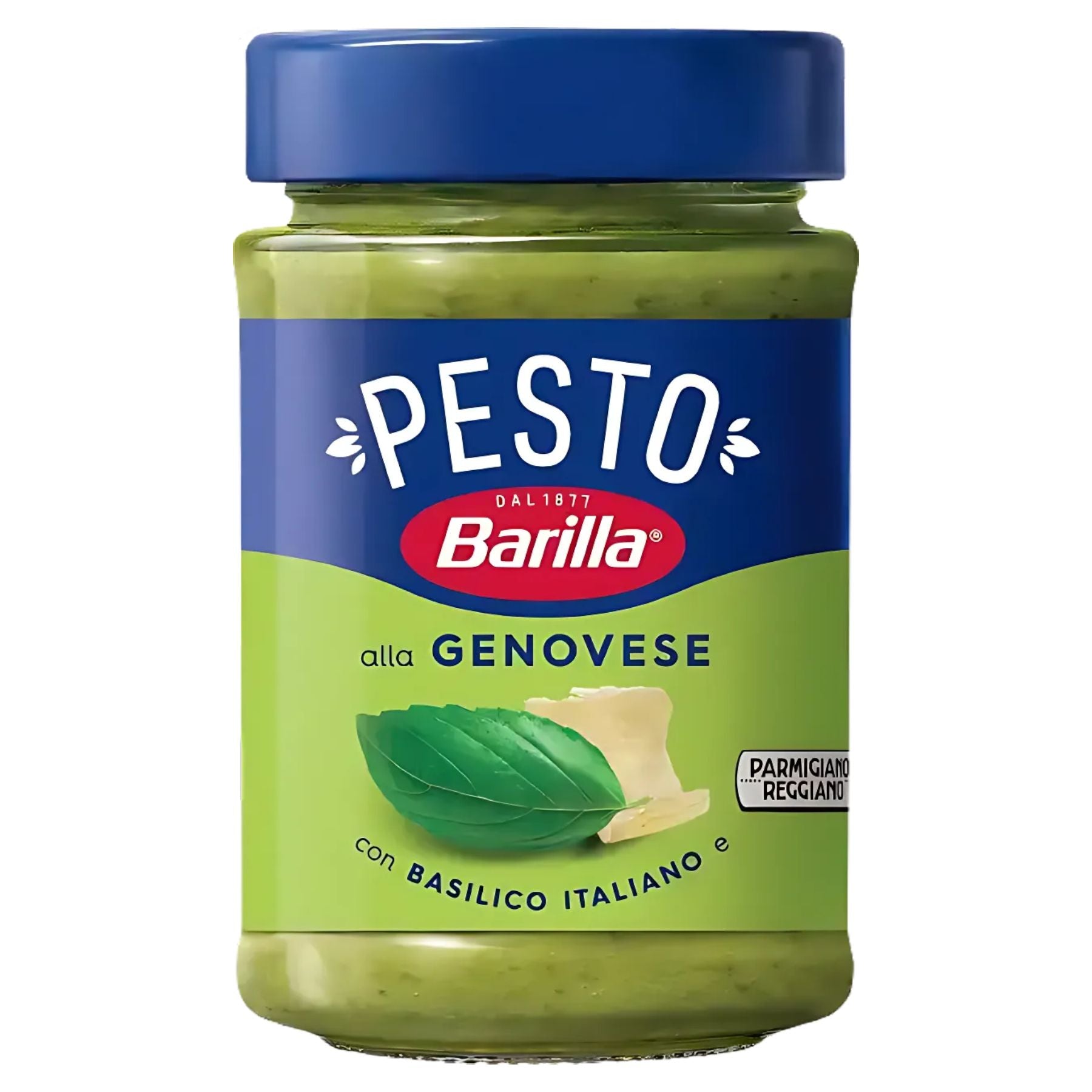 A 190g jar of Barilla - alla Genovese Pesto, made with Italian basil and Parmigiano Reggiano, featuring a blue lid and green label. A 190g jar of Barilla - alla Genovese Pesto, made with Italian basil and Parmigiano Reggiano, featuring a blue lid and green label.