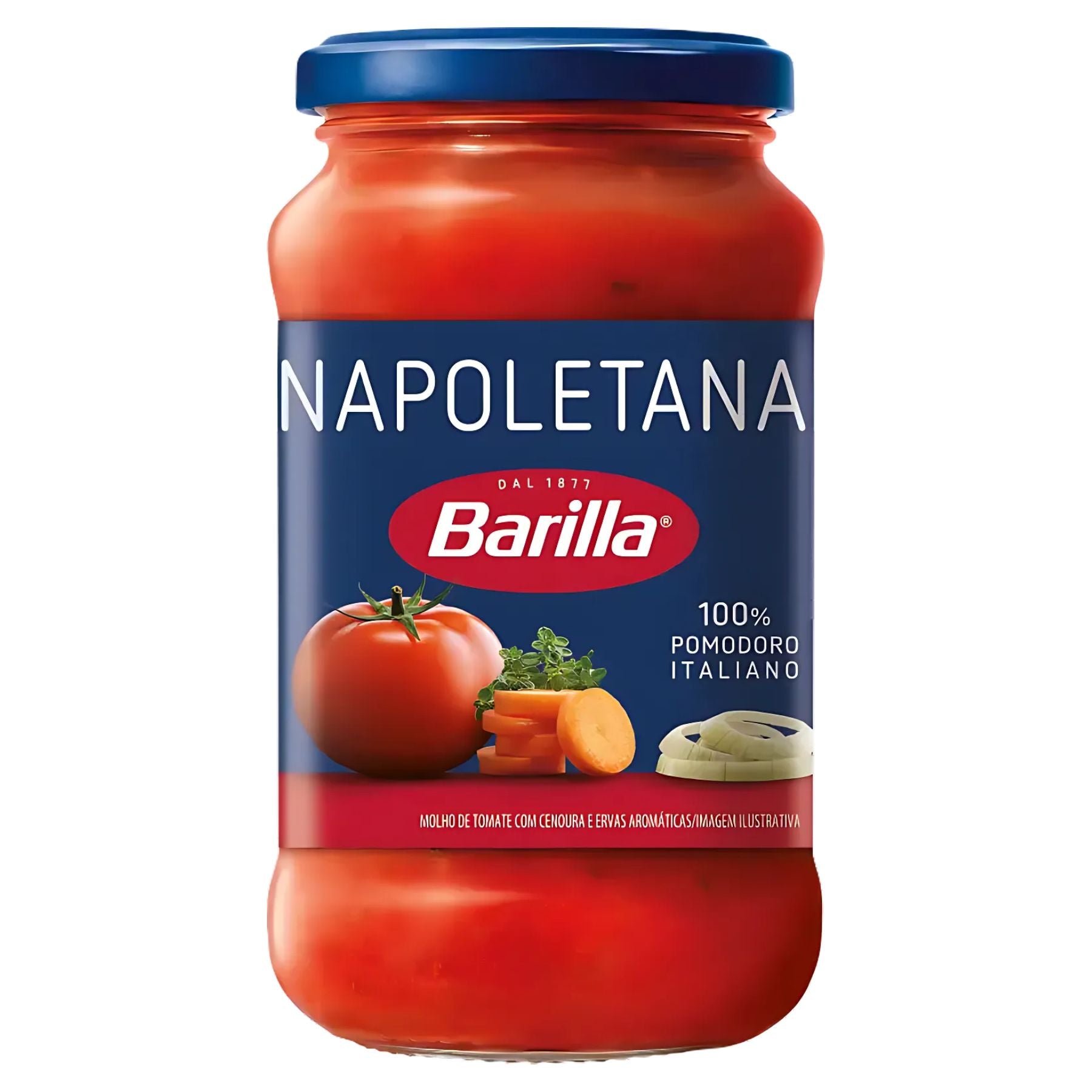 A 400g jar of Barilla Napoletana Sauce with a blue lid, featuring images of tomato, carrot, and onion on the label. A 400g jar of Barilla Napoletana Sauce with a blue lid, featuring images of tomato, carrot, and onion on the label.