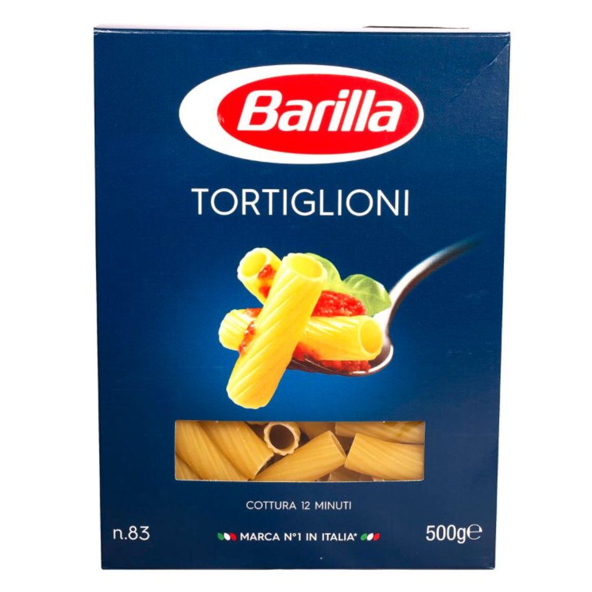 Sentence with replaced product name: Box of Barilla - Pasta Tortiglioni - 500g, featuring an image of the pasta with tomatoes and basil on a fork.