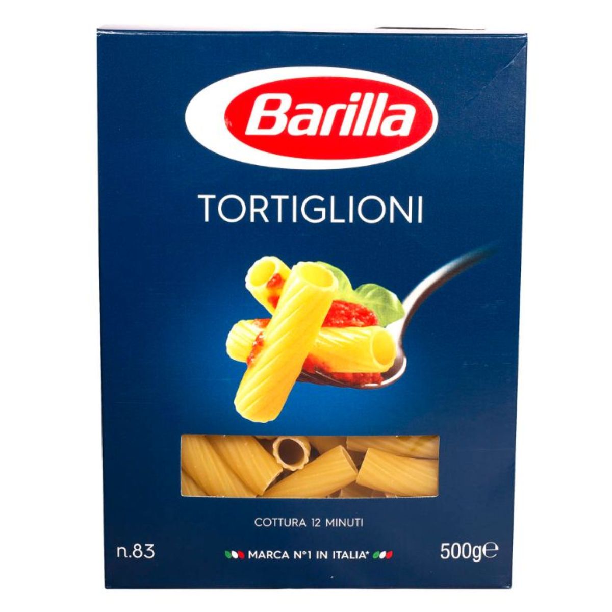 Sentence with replaced product name: Box of Barilla - Pasta Tortiglioni - 500g, featuring an image of the pasta with tomatoes and basil on a fork. Sentence with replaced product name: Box of Barilla - Pasta Tortiglioni - 500g, featuring an image of the pasta with tomatoes and basil on a fork.