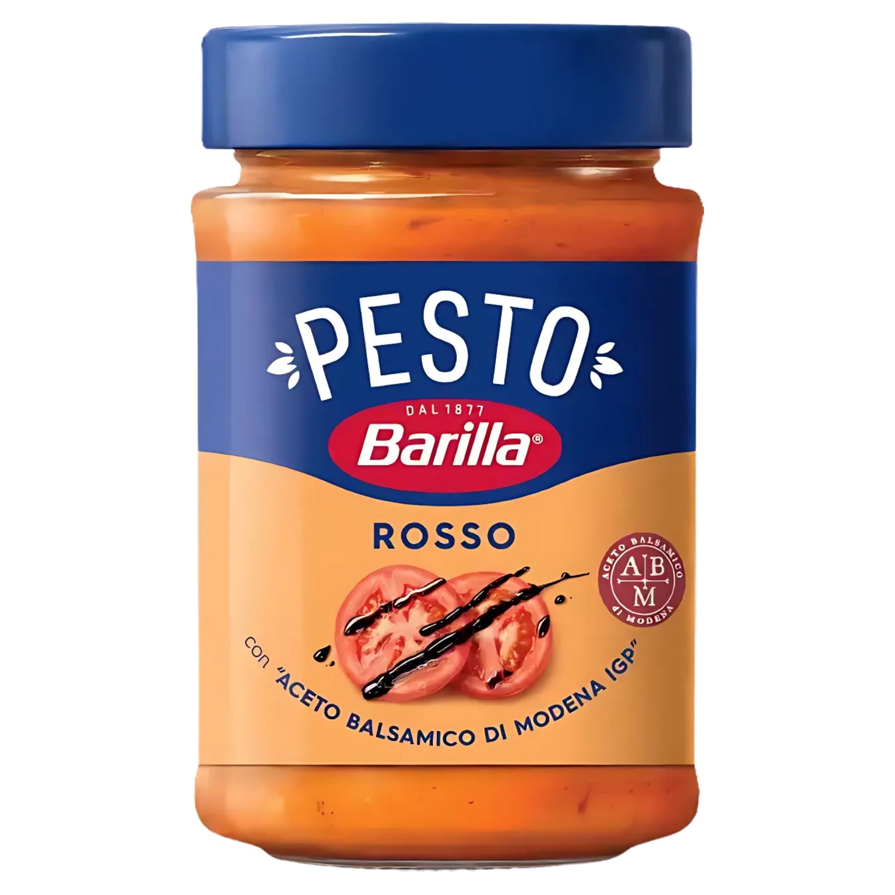 A 200g jar of Barilla Rosso Pesto with images of tomatoes and Balsamic Vinegar of Modena on the label, emphasizing its rich Mediterranean flavours and authentic balsamic vinegar from Modena. A 200g jar of Barilla Rosso Pesto with images of tomatoes and Balsamic Vinegar of Modena on the label, emphasizing its rich Mediterranean flavours and authentic balsamic vinegar from Modena.