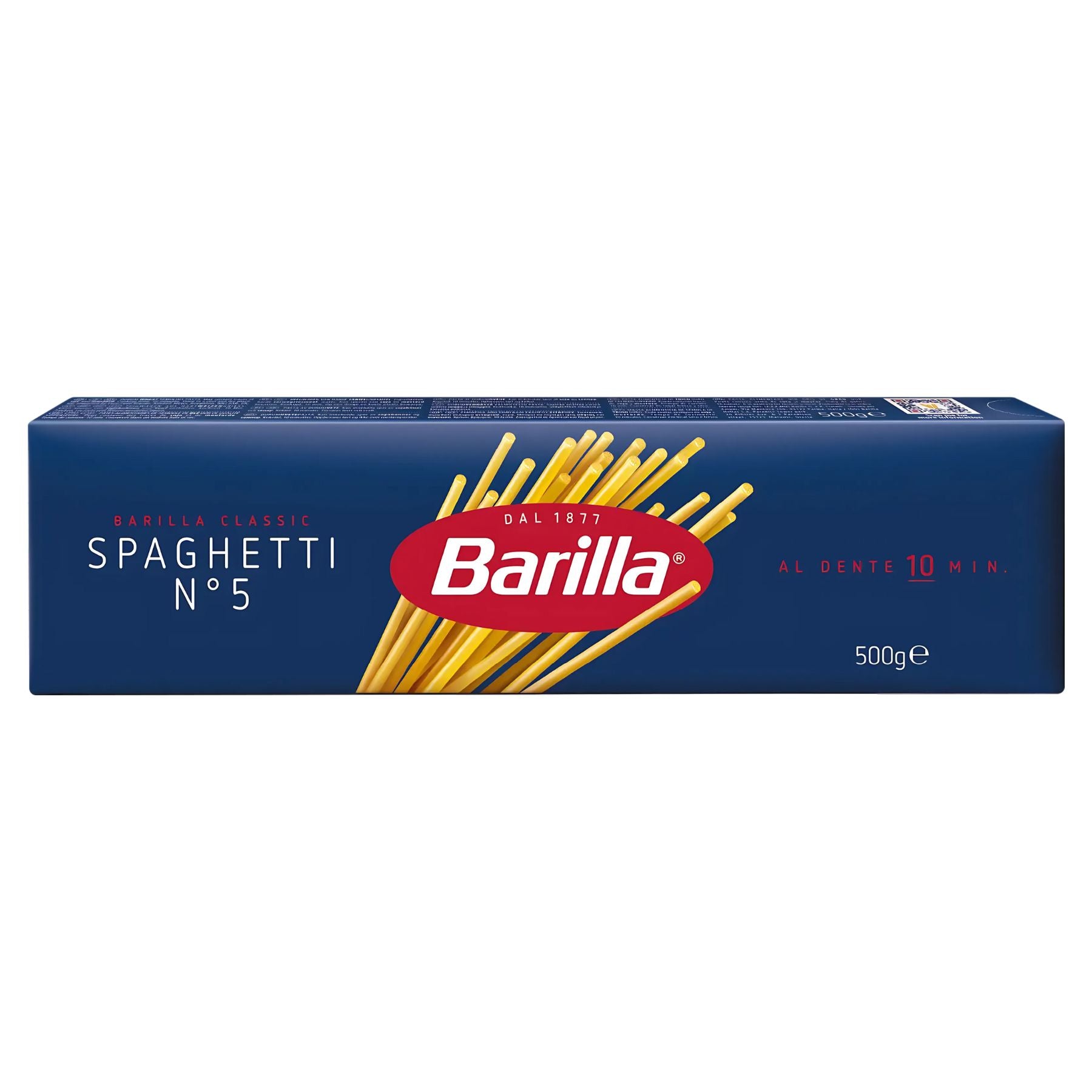 A blue box of Barilla - Spaghetti Pasta n.5- 500g, made from quality durum wheat, shows uncooked spaghetti and product details on the front. A blue box of Barilla - Spaghetti Pasta n.5- 500g, made from quality durum wheat, shows uncooked spaghetti and product details on the front.