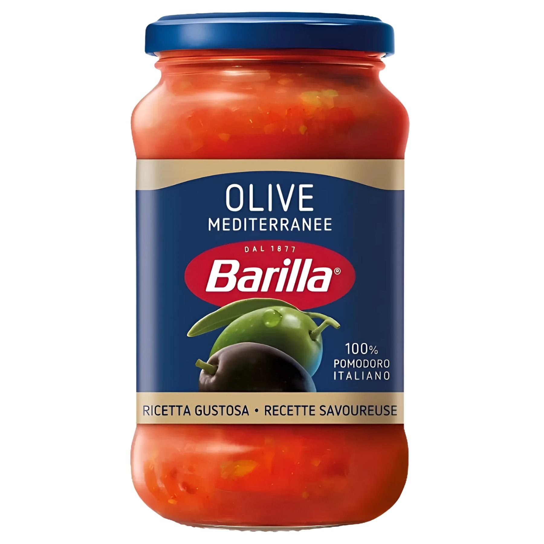 A 400g jar of Barilla Tomato Sauce With Green & Black Olives, featuring a blue label with images of olives and Italian tomatoes. A 400g jar of Barilla Tomato Sauce With Green & Black Olives, featuring a blue label with images of olives and Italian tomatoes.