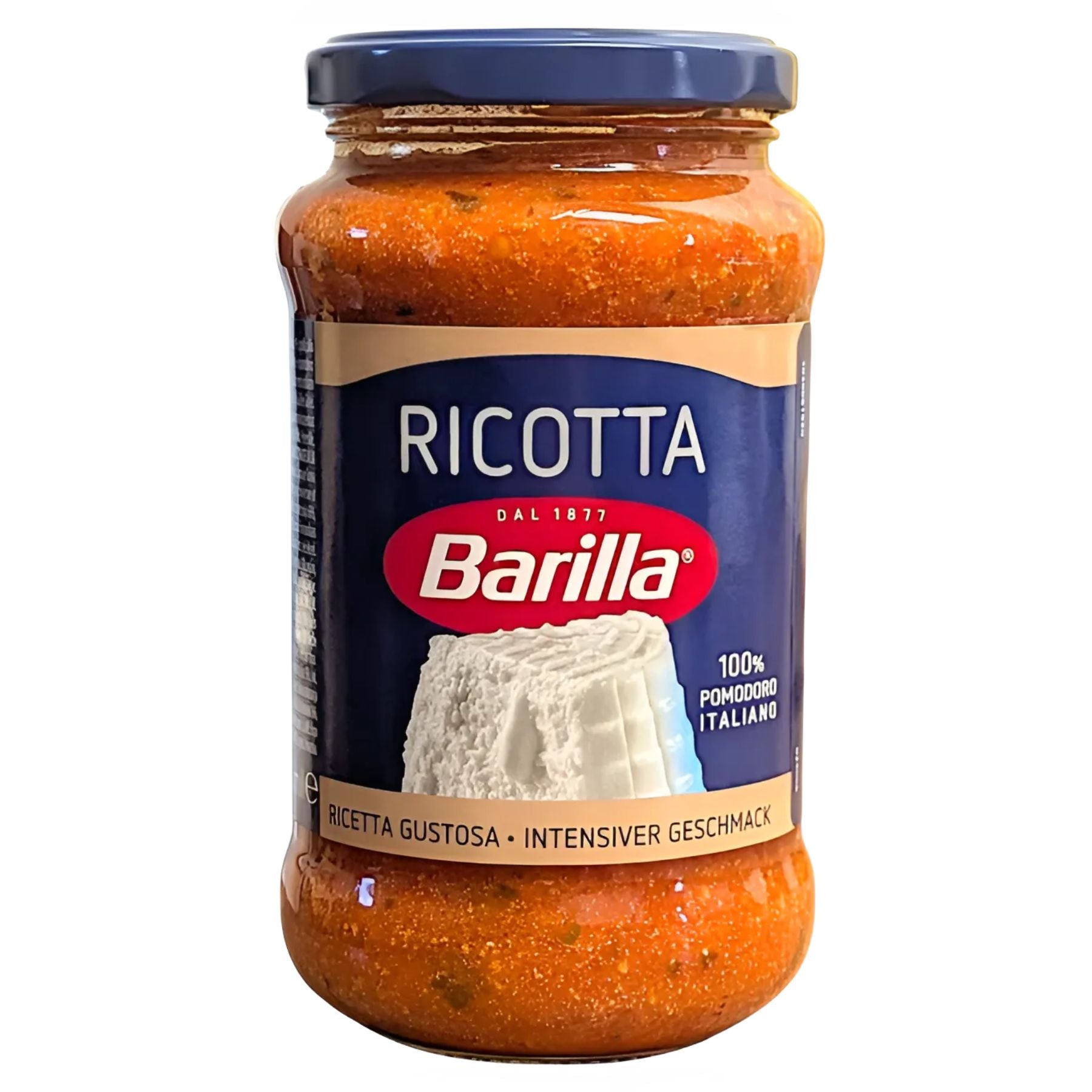 A 400g jar of Barilla Tomato Sauce with Ricotta Cheese, featuring a blue label with an image of ricotta cheese and Italian text, set against a white background. A 400g jar of Barilla Tomato Sauce with Ricotta Cheese, featuring a blue label with an image of ricotta cheese and Italian text, set against a white background.
