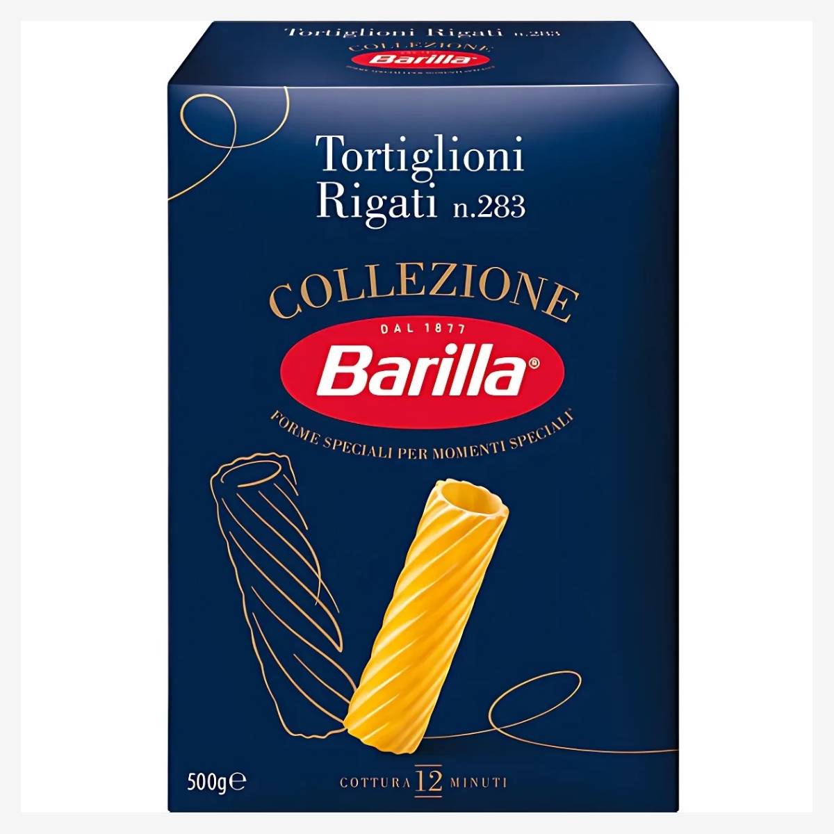 Box of Barilla Tortiglioni Rigati Pasta n.283, 500g, made from premium durum wheat semolina, displaying two twisted pasta pieces on the front. Box of Barilla Tortiglioni Rigati Pasta n.283, 500g, made from premium durum wheat semolina, displaying two twisted pasta pieces on the front.