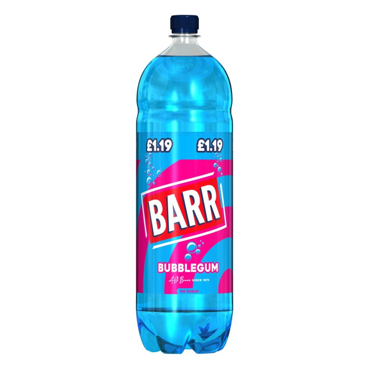 A bottle of Barr - Bubblegum Soft Drink - 2L on a white background. A bottle of Barr - Bubblegum Soft Drink - 2L on a white background.