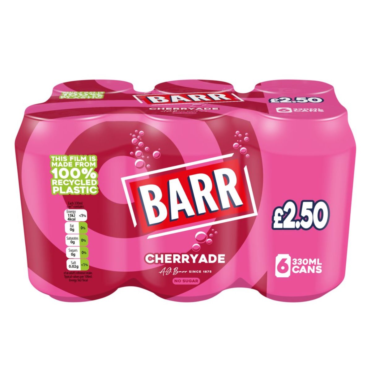 Six-pack of Barr cherryade cans, priced at £2.50, packaged in pink with a label indicating the film is made from recycled plastic.