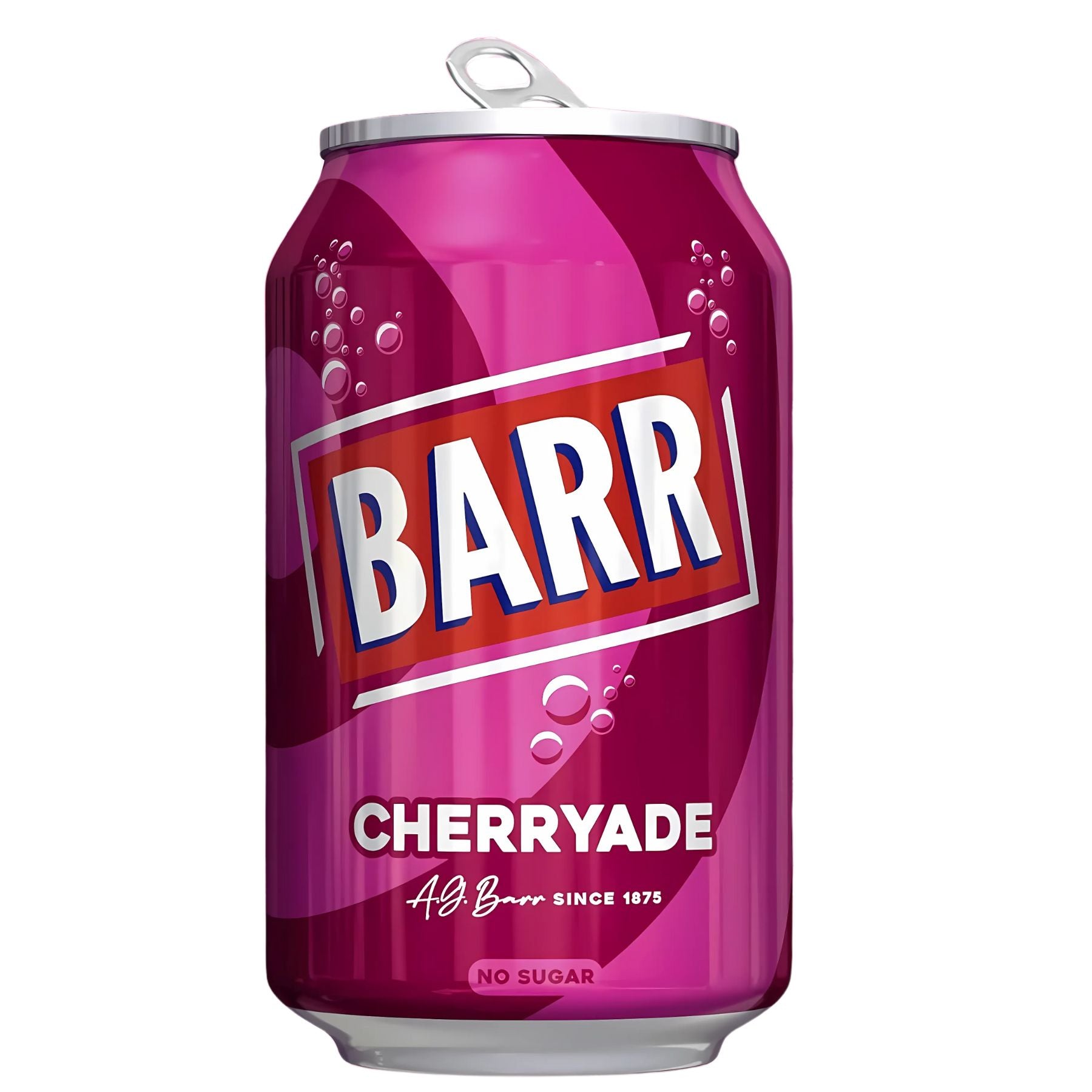 A 330ml Barr Cherryade Can, a sparkling cherry-flavoured soft drink with no sugar, in a pink and purple can displaying "CHERRYADE" and "NO SUGAR" on the front. A 330ml Barr Cherryade Can, a sparkling cherry-flavoured soft drink with no sugar, in a pink and purple can displaying "CHERRYADE" and "NO SUGAR" on the front.