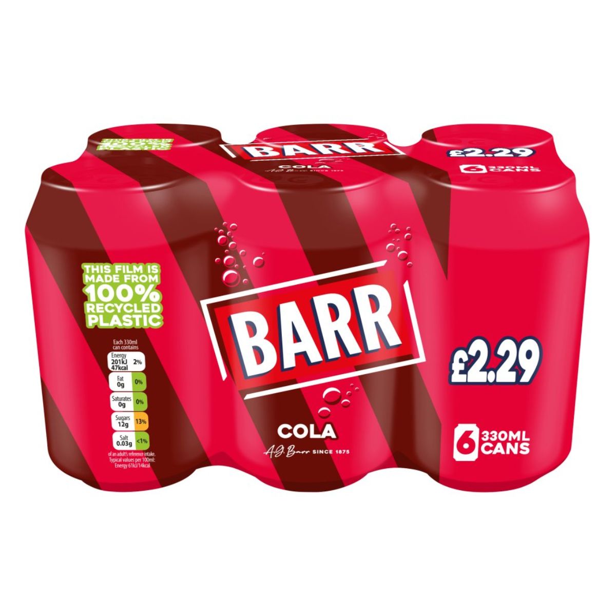 Four packs of Barr - Cola - 6x330ml on a white background. Four packs of Barr - Cola - 6x330ml on a white background.