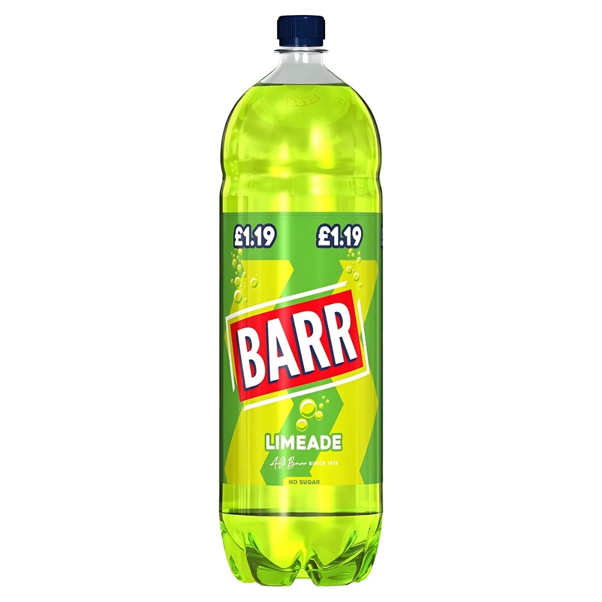 A 2L bottle of Barr Limeade, a fizzy drink with a tangy flavor, is priced at £1.19. A 2L bottle of Barr Limeade, a fizzy drink with a tangy flavor, is priced at £1.19.