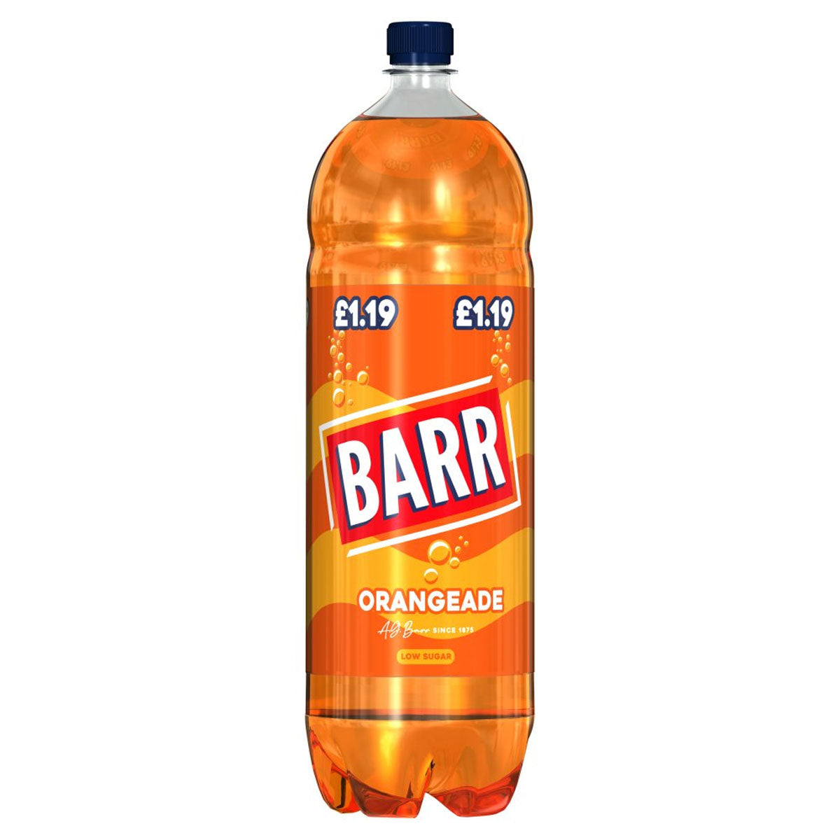 A bottle of Barr - Orangeade Soft Drink - 2L on a white background. A bottle of Barr - Orangeade Soft Drink - 2L on a white background.