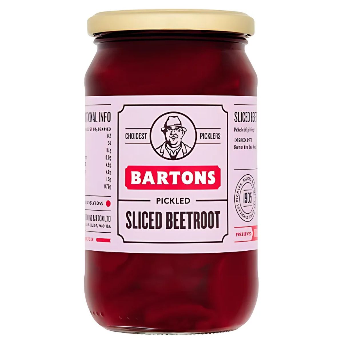 A 440g jar of Bartons Pickled Sliced Beetroot with a beige lid and white label featuring product details and a black-and-white person illustration, highlighting the classic Bartons beetroot taste. A 440g jar of Bartons Pickled Sliced Beetroot with a beige lid and white label featuring product details and a black-and-white person illustration, highlighting the classic Bartons beetroot taste.
