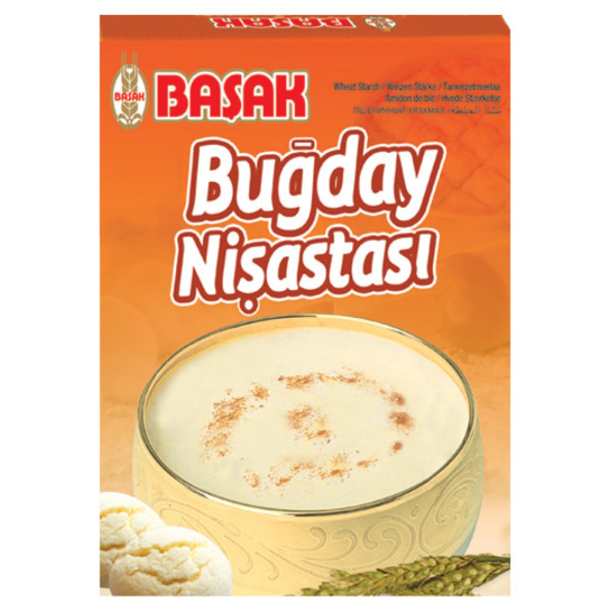 Package of Basak - Wheat Starch (Bugday Nisastasi) - 200g with an image of a pudding dusted with cinnamon.