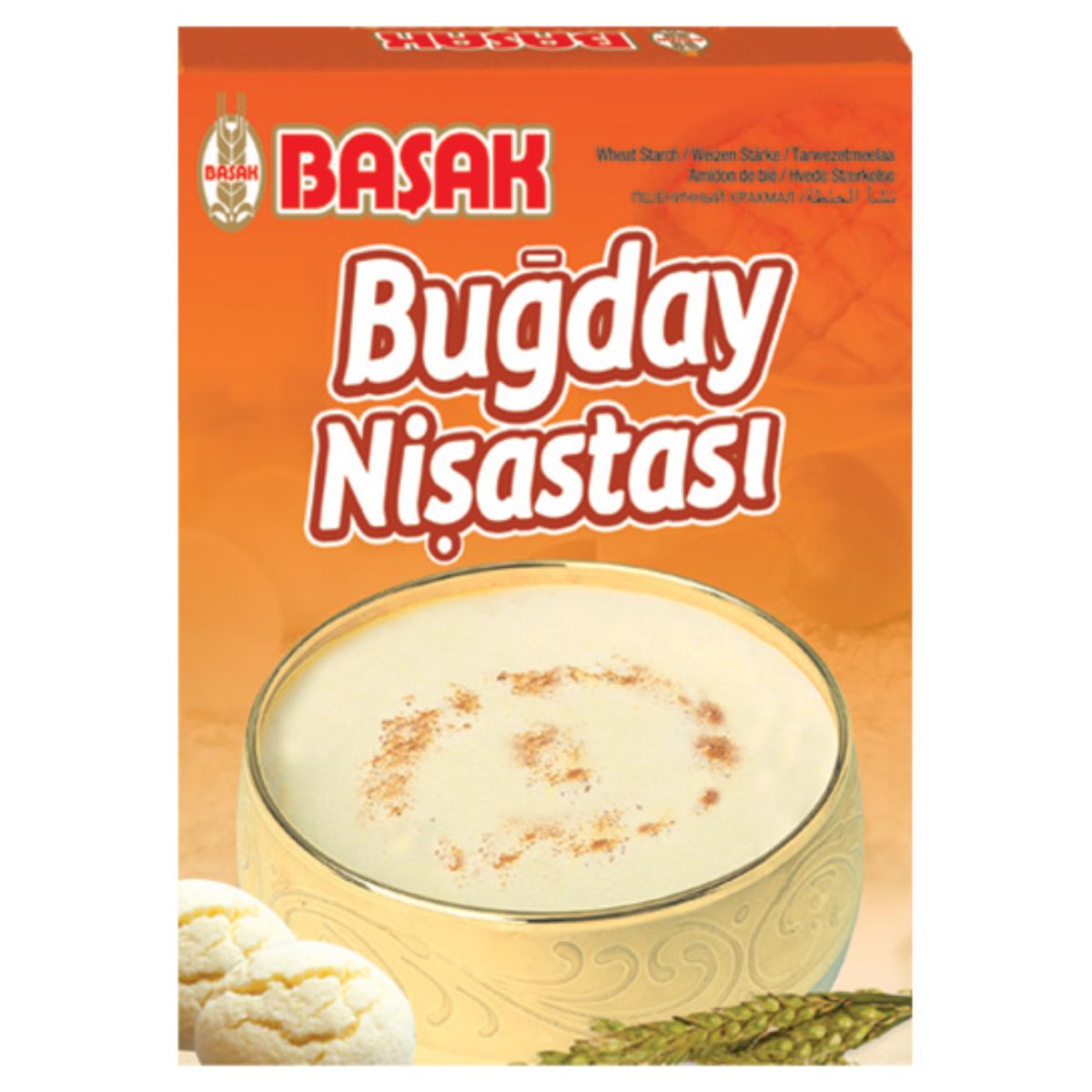 Package of Basak - Wheat Starch (Bugday Nisastasi) - 200g with an image of a pudding dusted with cinnamon. Package of Basak - Wheat Starch (Bugday Nisastasi) - 200g with an image of a pudding dusted with cinnamon.