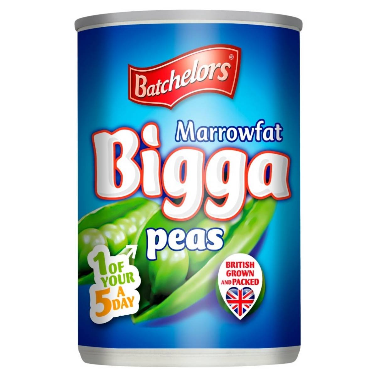A 300g can of Batchelors Marrowfat Bigga Peas, adorned with a blue label showcasing green peas and promoting "1 of your 5 a day" along with "British grown and packed". A 300g can of Batchelors Marrowfat Bigga Peas, adorned with a blue label showcasing green peas and promoting "1 of your 5 a day" along with "British grown and packed".