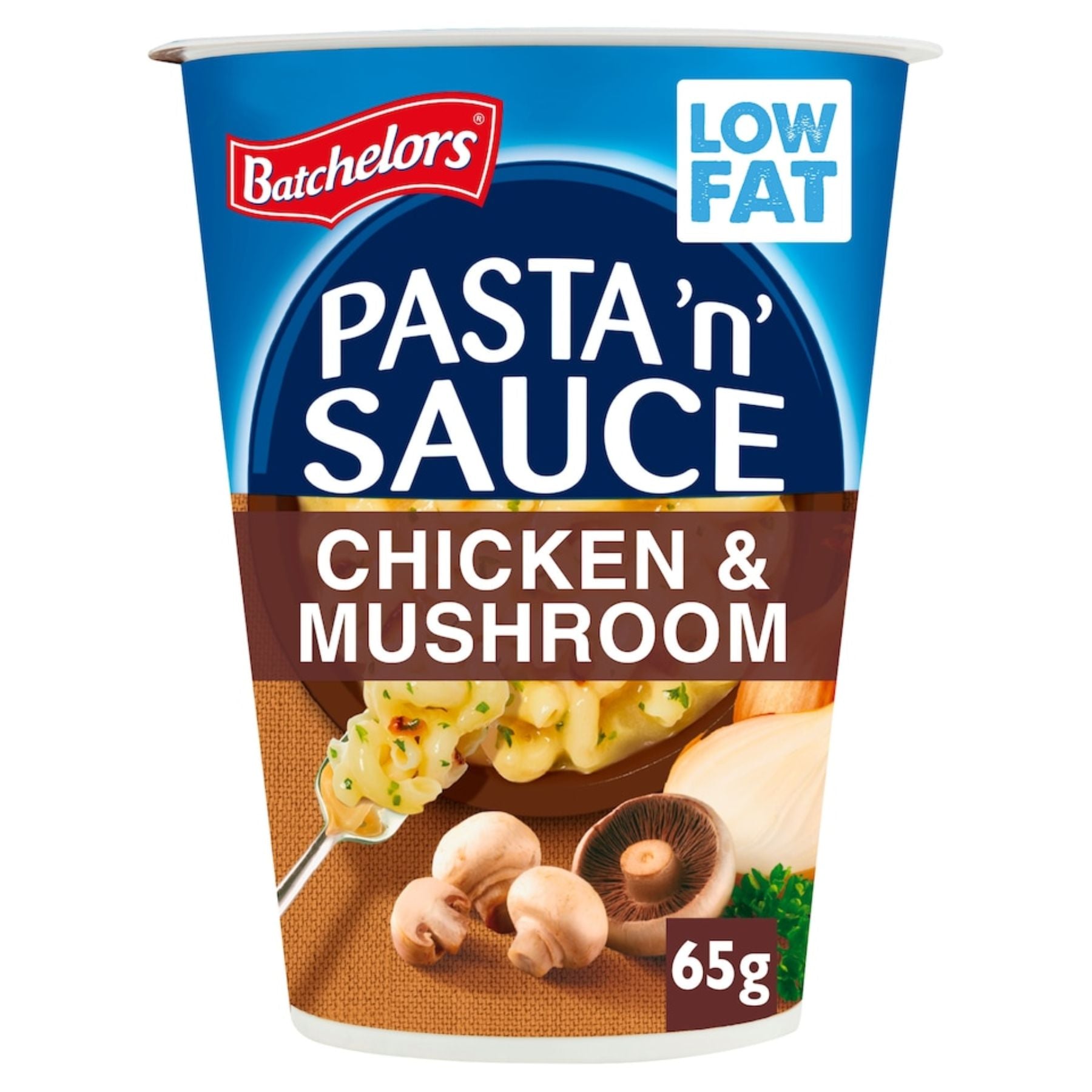 Batchelors Pasta & Sauce Chicken & Mushroom, 65g, is a low fat quick meal. The packaging shows pasta, mushrooms, and onion—ideal for a fast and tasty bite. Batchelors Pasta & Sauce Chicken & Mushroom, 65g, is a low fat quick meal. The packaging shows pasta, mushrooms, and onion—ideal for a fast and tasty bite.