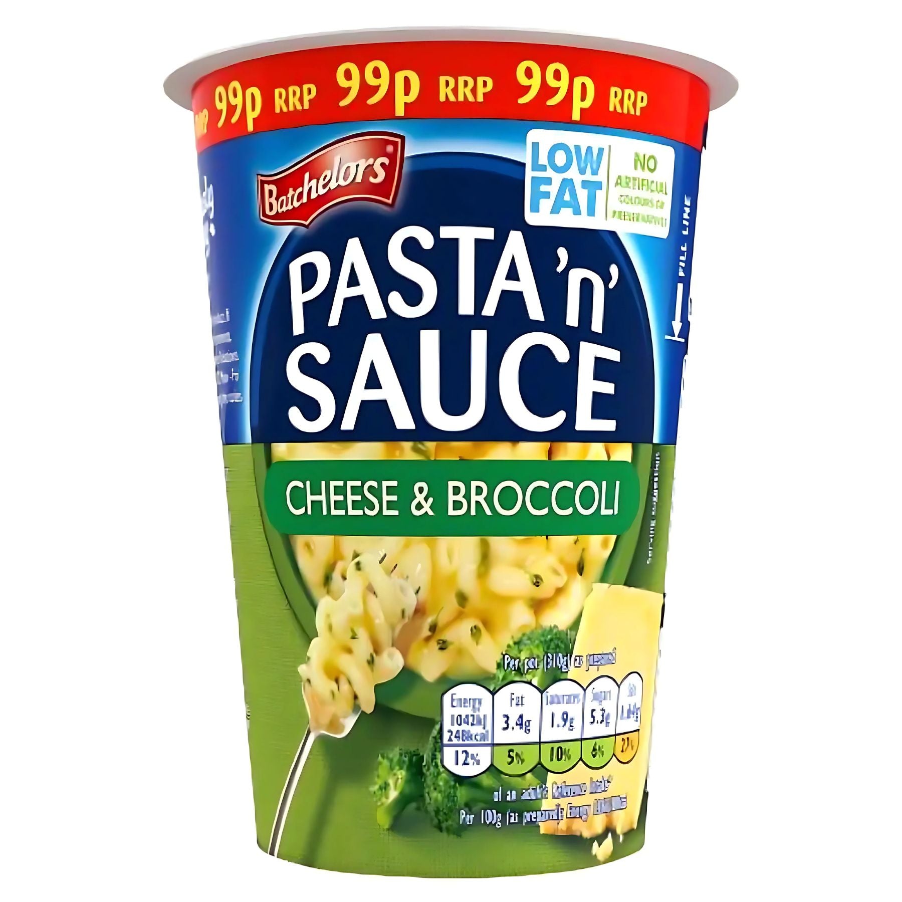 A 65g pot of Batchelors Pasta n Sauce Cheese & Broccoli with nutrition info and a 99p price on the lid—ideal for a quick meal. A 65g pot of Batchelors Pasta n Sauce Cheese & Broccoli with nutrition info and a 99p price on the lid—ideal for a quick meal.