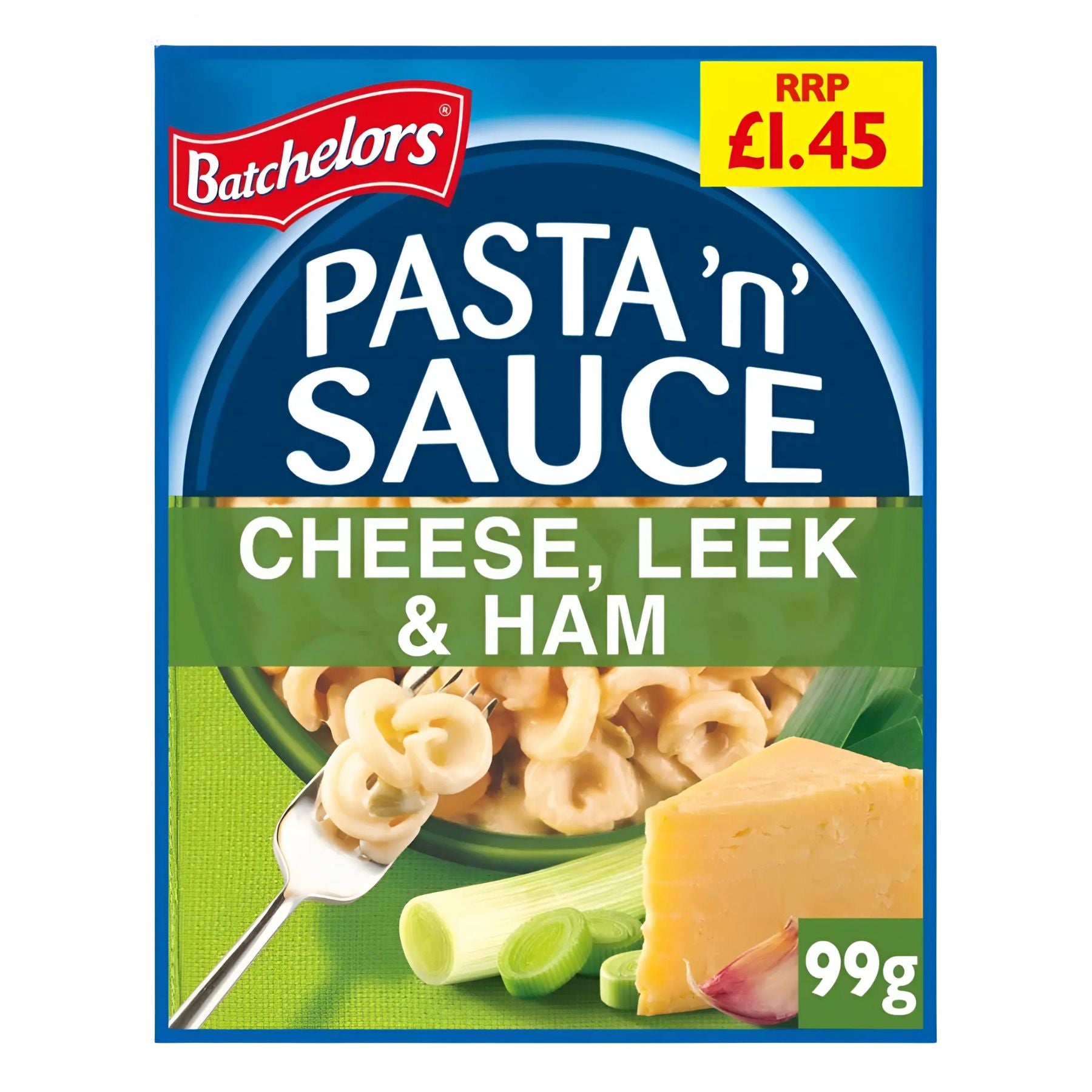 Batchelors - Pasta n Sauce Cheese, Leek & Ham Flavour Pasta Sachet, 99g. Quick meal option with pasta, cheese, leek & ham image on pack. Price label: "RRP £1.45". Batchelors - Pasta n Sauce Cheese, Leek & Ham Flavour Pasta Sachet, 99g. Quick meal option with pasta, cheese, leek & ham image on pack. Price label: "RRP £1.45".