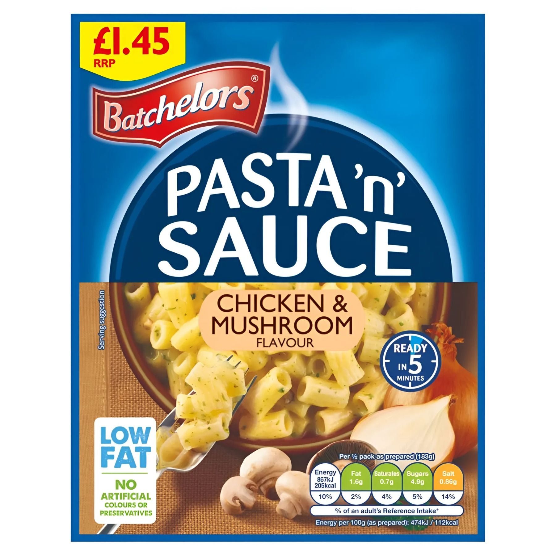 Try Batchelors Pasta n Sauce Chicken & Mushroom Flavour 99g—a quick, low-fat meal. Check pack for price and nutrition info. Try Batchelors Pasta n Sauce Chicken & Mushroom Flavour 99g—a quick, low-fat meal. Check pack for price and nutrition info.