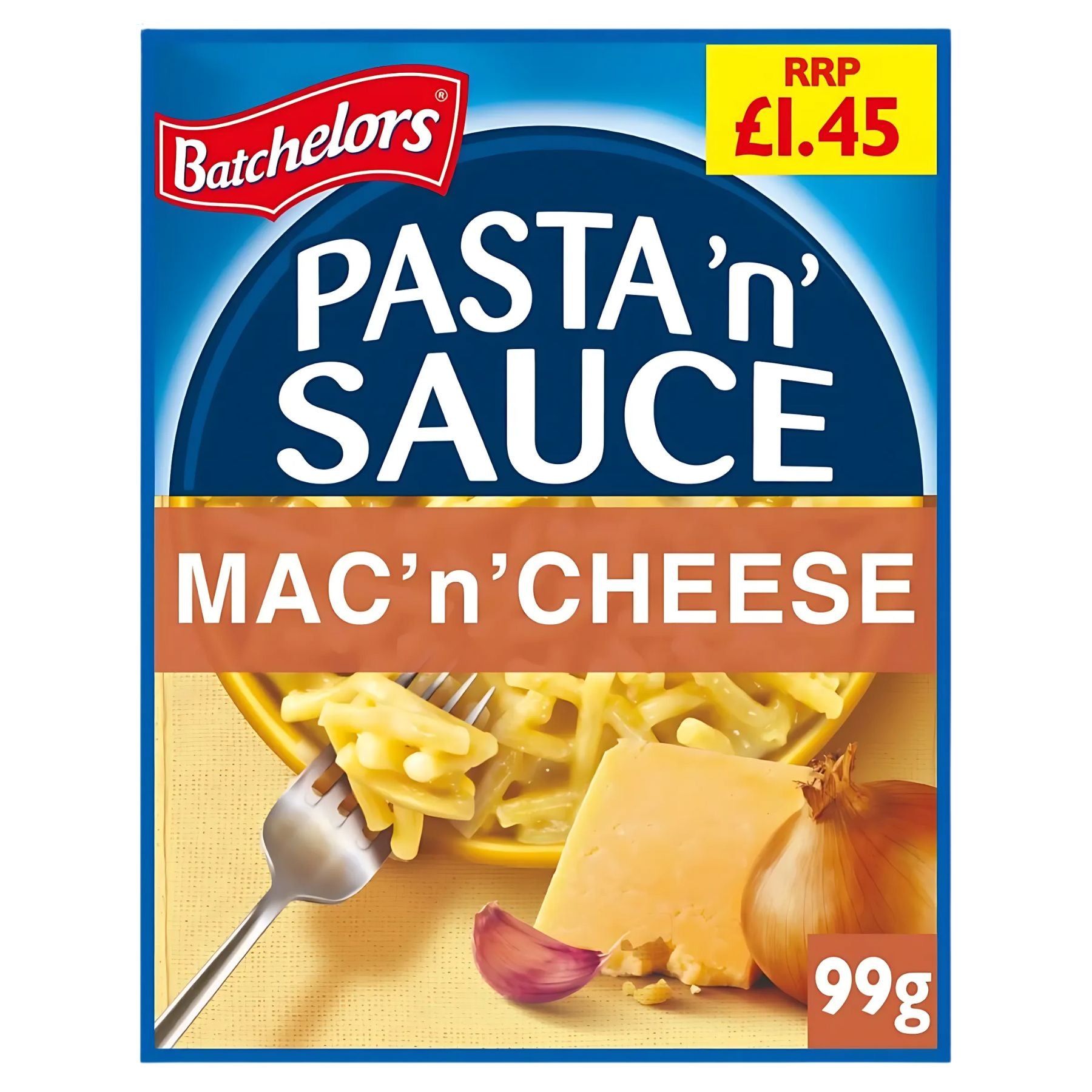 Batchelors - Pasta n Sauce Mac n Cheese, 99g box with macaroni, onion, and creamy cheese sauce image on the front. £1.45 price label appears in the top right corner. Batchelors - Pasta n Sauce Mac n Cheese, 99g box with macaroni, onion, and creamy cheese sauce image on the front. £1.45 price label appears in the top right corner.