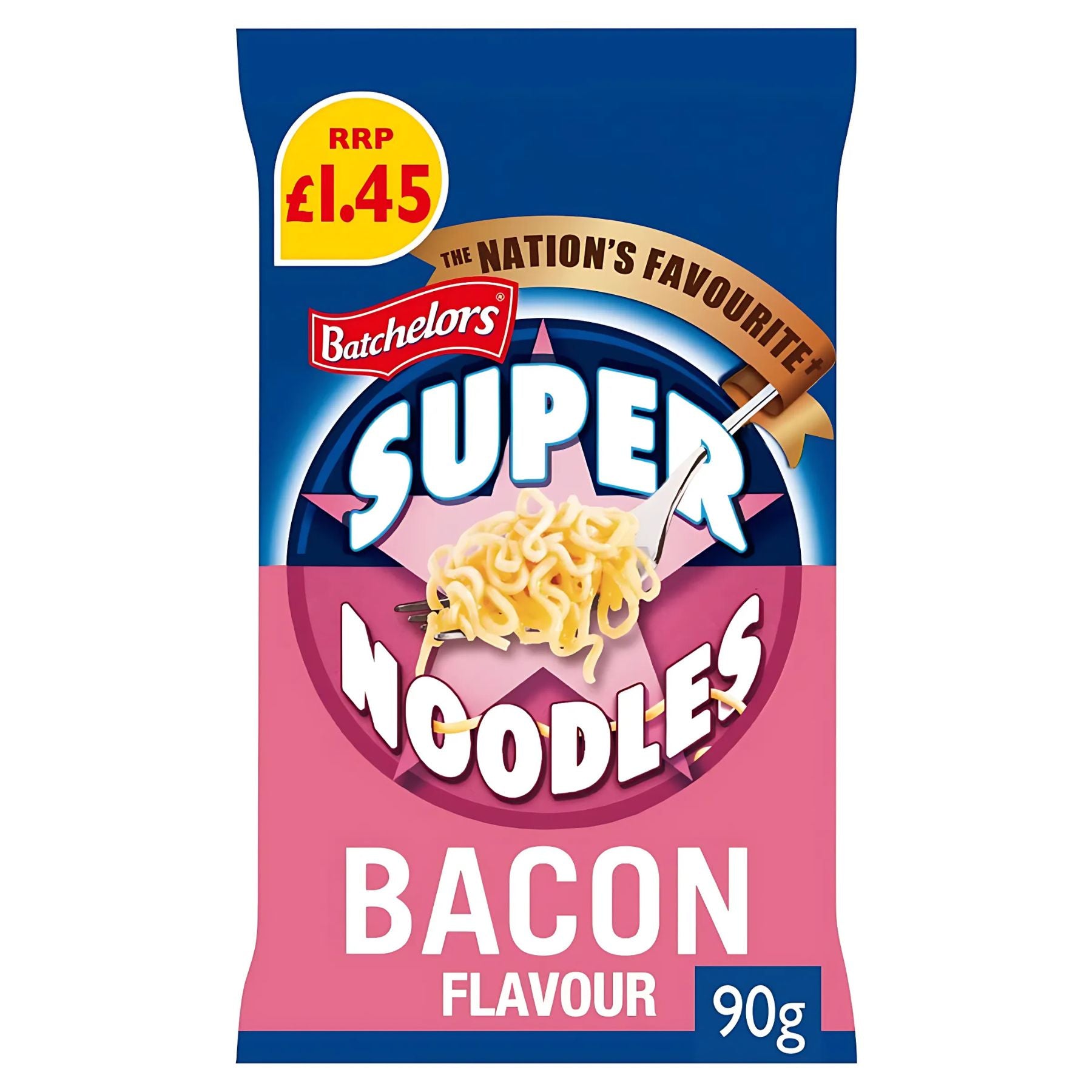 Batchelors Super Noodles Bacon Flavour Instant Noodle, 90g, priced at £1.45 and featuring "The Nation's Favourite" on the pack—ideal for instant noodle enthusiasts. Batchelors Super Noodles Bacon Flavour Instant Noodle, 90g, priced at £1.45 and featuring "The Nation's Favourite" on the pack—ideal for instant noodle enthusiasts.