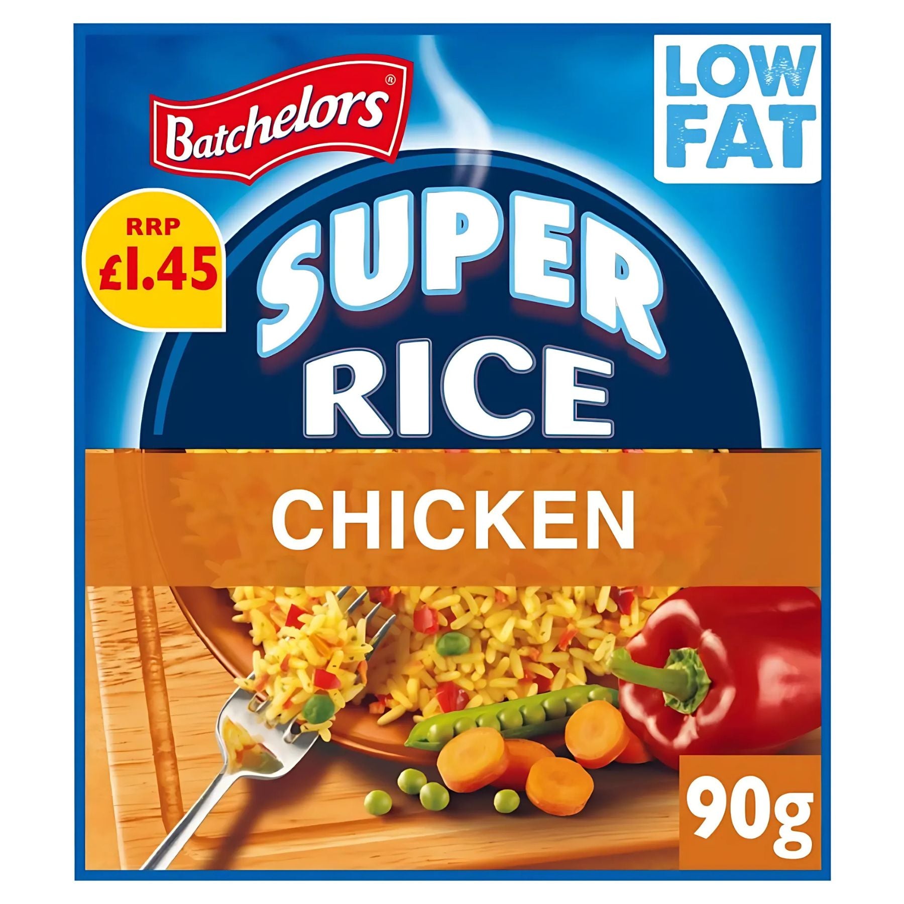 Batchelors - Super Rice Chicken Flavour - 90g, low fat, features a photo of rice, vegetables & a fork on a plate. Perfect for a quick meal. Price marked at £1.45. Batchelors - Super Rice Chicken Flavour - 90g, low fat, features a photo of rice, vegetables & a fork on a plate. Perfect for a quick meal. Price marked at £1.45.