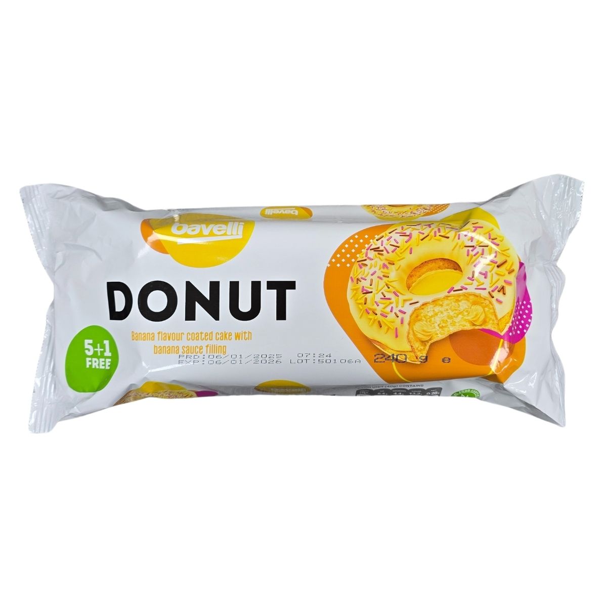 A Bavelli Donut Banana Flavour Coated Cake With Banana Sauce Filling (240g) features an image of a sprinkled coated donut and a "5+1 Free" promotion on the wrapper. A Bavelli Donut Banana Flavour Coated Cake With Banana Sauce Filling (240g) features an image of a sprinkled coated donut and a "5+1 Free" promotion on the wrapper.