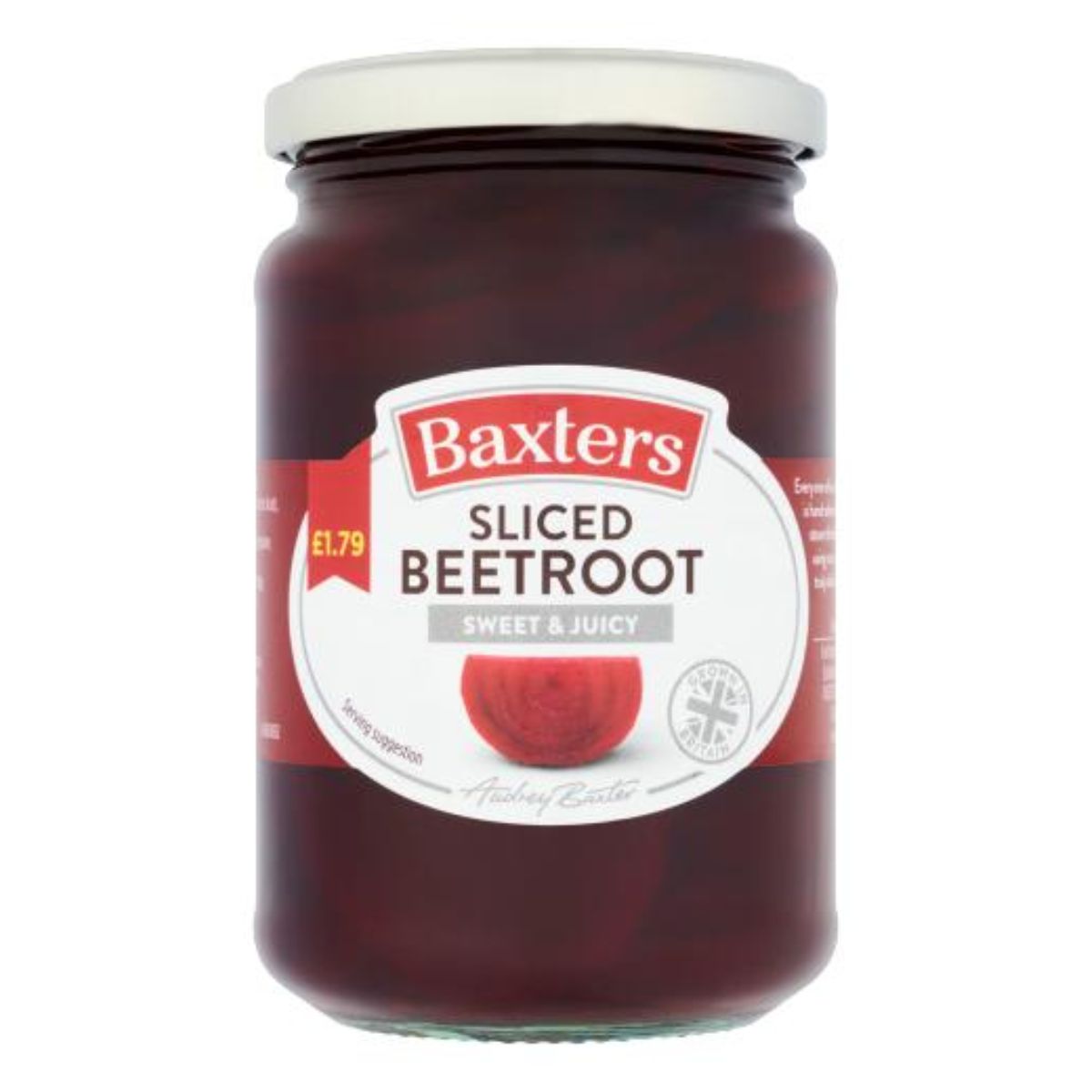 A 340g glass jar of Baxters Sliced Beetroot featuring a white lid and label with the Baxters brand, product name, and an illustration of British pickled beetroot. A 340g glass jar of Baxters Sliced Beetroot featuring a white lid and label with the Baxters brand, product name, and an illustration of British pickled beetroot.