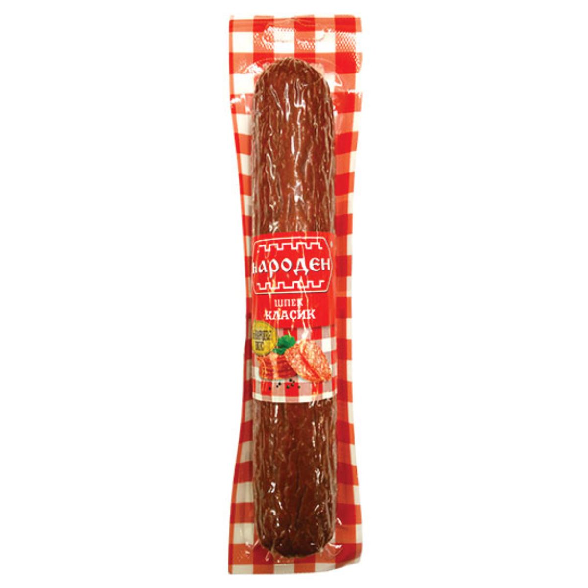 A Bella - Naroden Larded Cooked & Smoked Classic Salami in a package with a checkered pattern.
