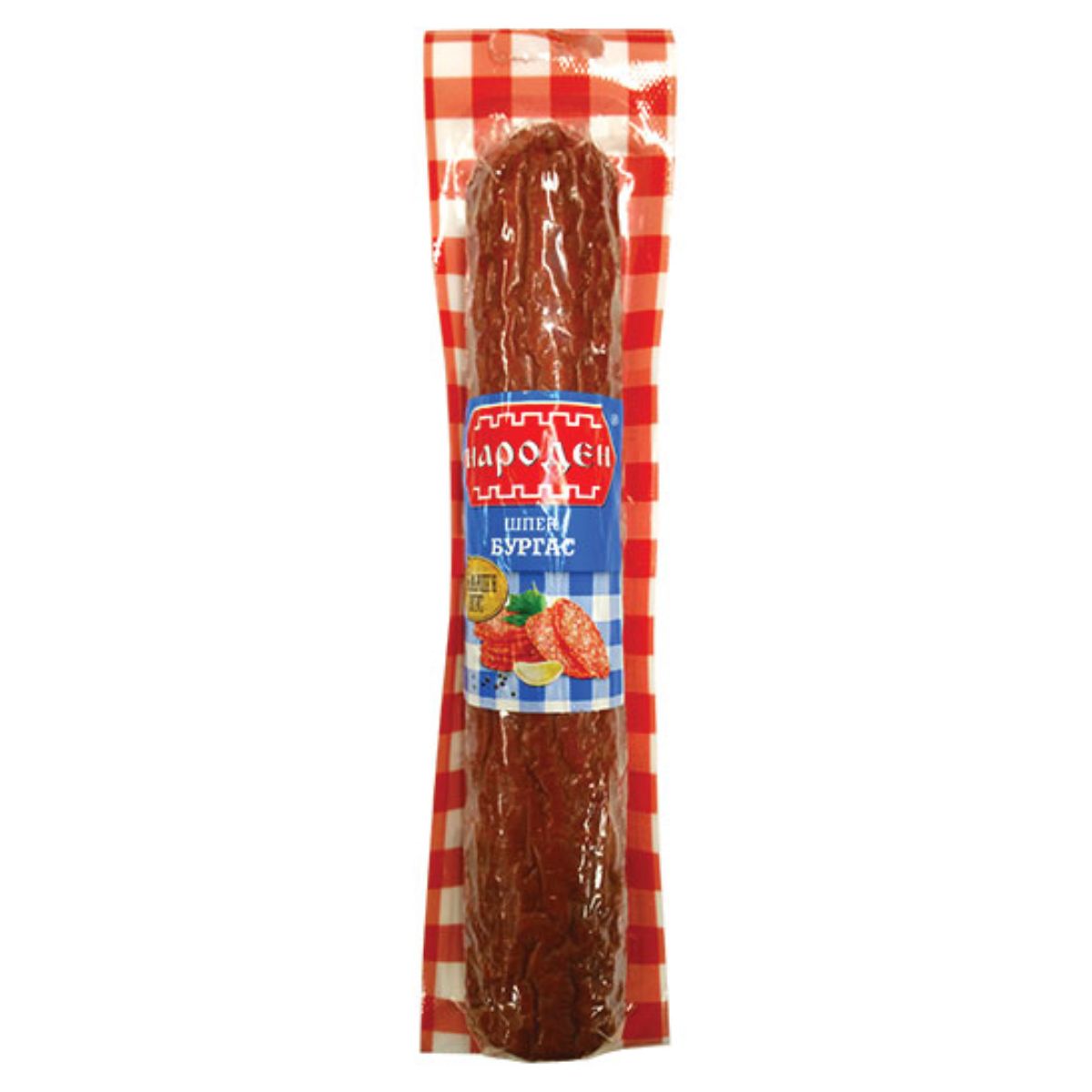 The Bella - Naroden Larded Cooked & Smoked Salami Burgas - 220g is wrapped in a red and white checkered bag.