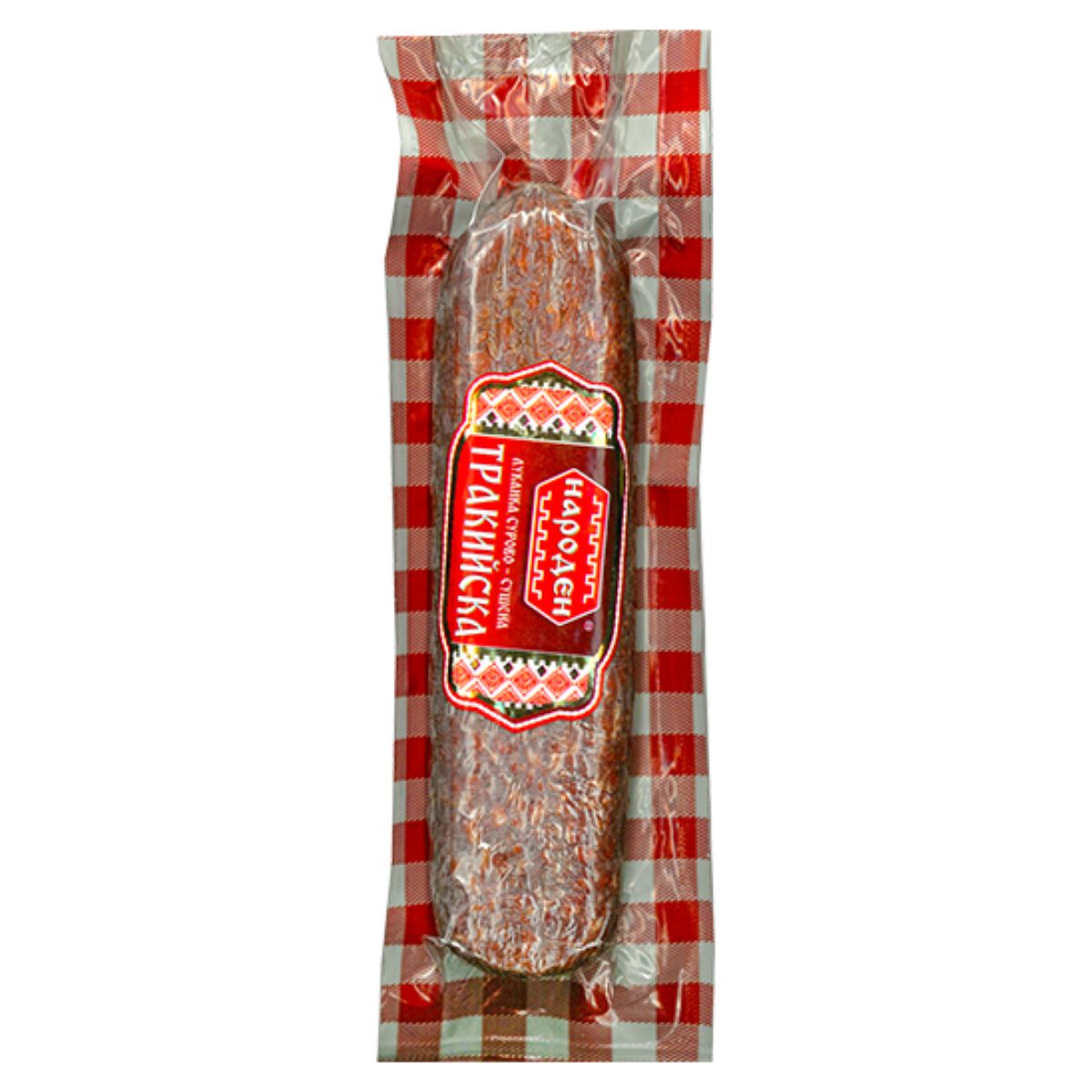A Bella - Naroden Raw Dried Lukanka - 180g wrapped in a red and white checkered bag.