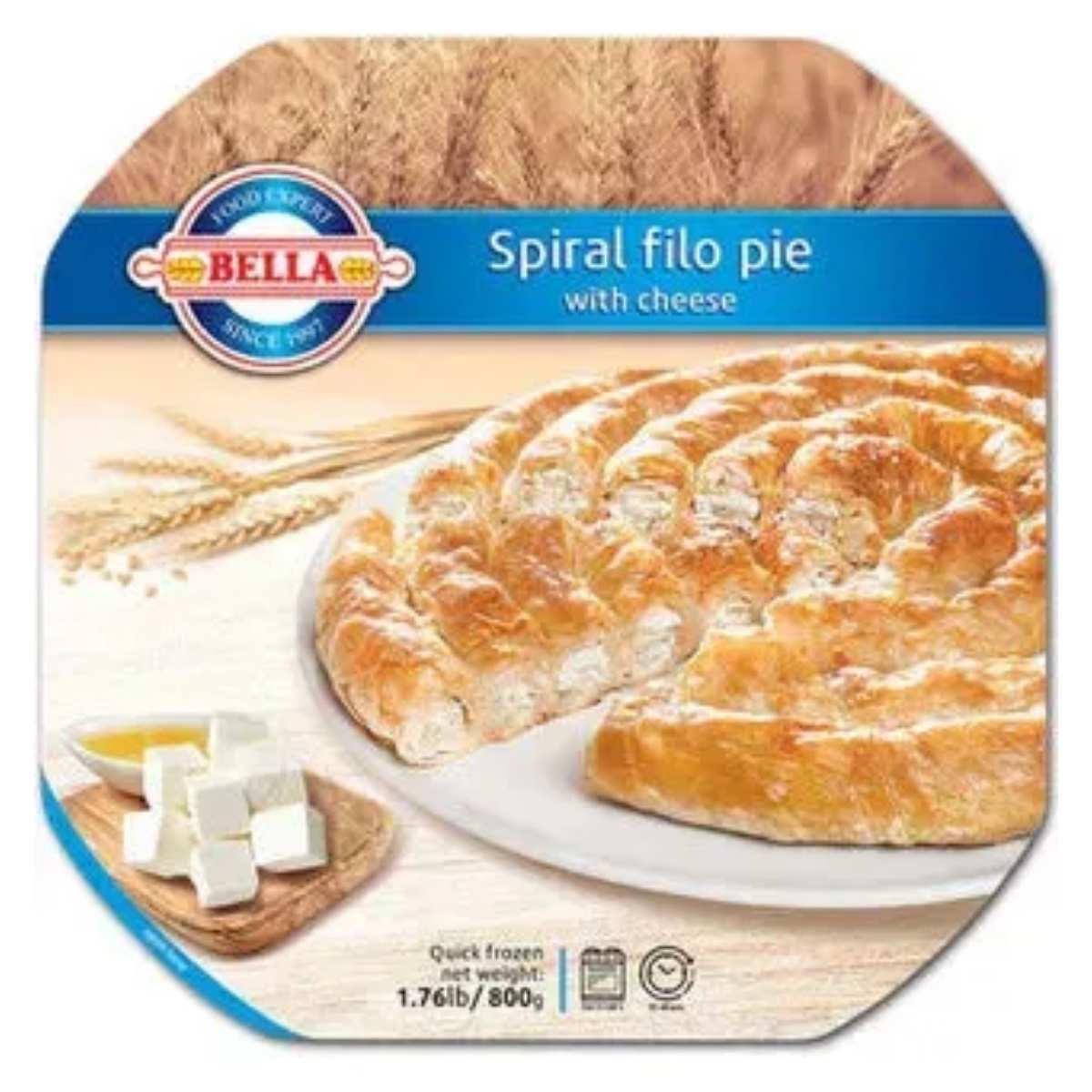 Packaging of Bella - Traditional Spiral Filo Pie with Cheese - 800g, featuring a circular pie and blocks of cheese. Packaging of Bella - Traditional Spiral Filo Pie with Cheese - 800g, featuring a circular pie and blocks of cheese.