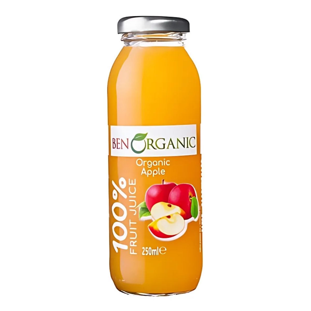 A 250ml glass bottle of BenOrganic – Organic Apple Juice, featuring apples on the label—a naturally sweet, healthy drink. A 250ml glass bottle of BenOrganic – Organic Apple Juice, featuring apples on the label—a naturally sweet, healthy drink.