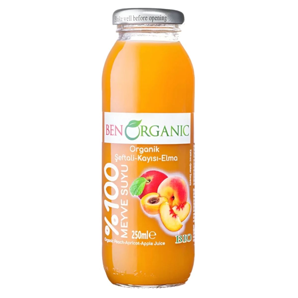 A 250ml bottle of BenOrganic - Organic Apricot Peach & Apple Juice, with fruit images on the label and a blend of natural apricot, peach, and apple flavors in every sip. A 250ml bottle of BenOrganic - Organic Apricot Peach & Apple Juice, with fruit images on the label and a blend of natural apricot, peach, and apple flavors in every sip.