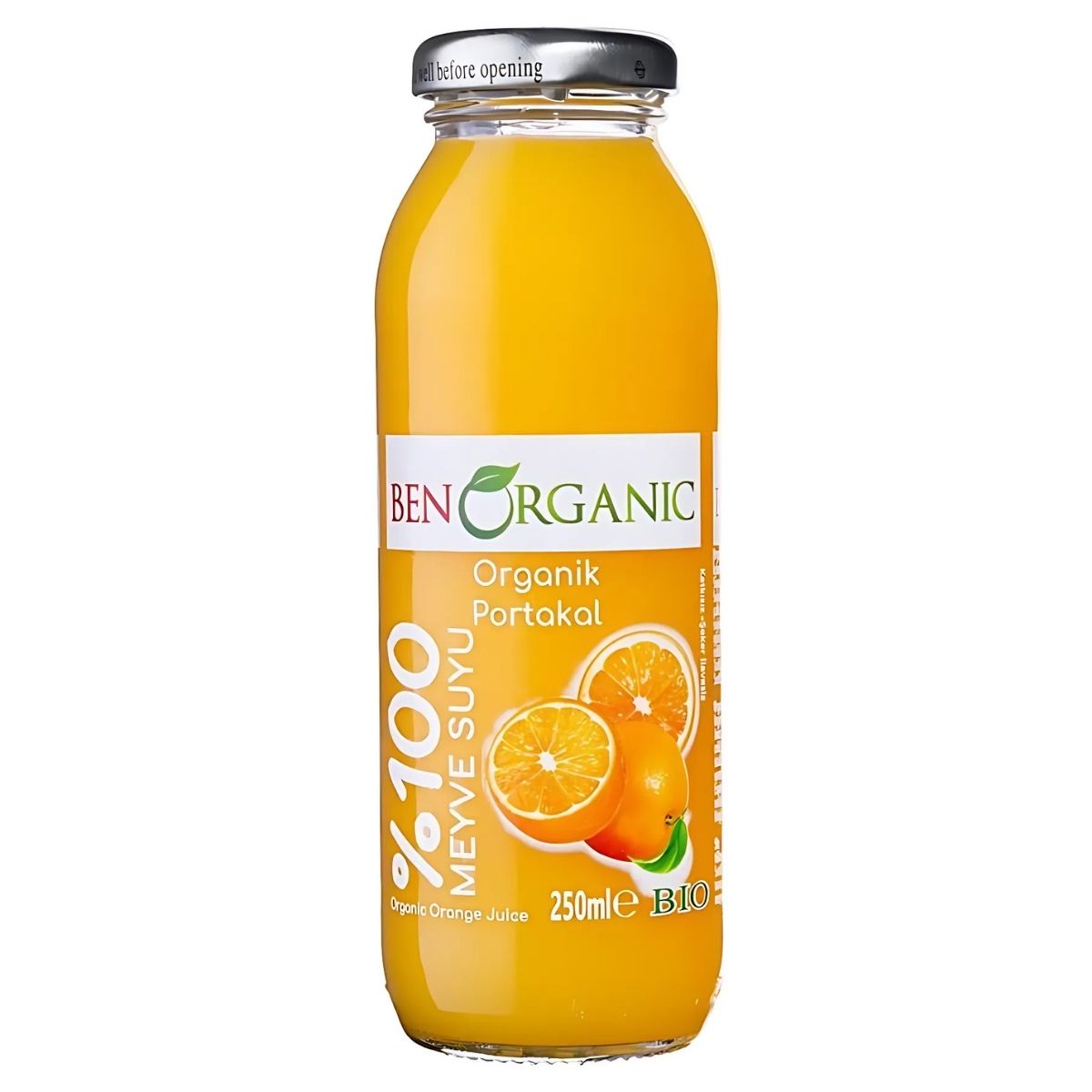 A 250ml BenOrganic Organic Orange Juice bottle, rich in vitamin C, with vibrant orange images on the label. A 250ml BenOrganic Organic Orange Juice bottle, rich in vitamin C, with vibrant orange images on the label.