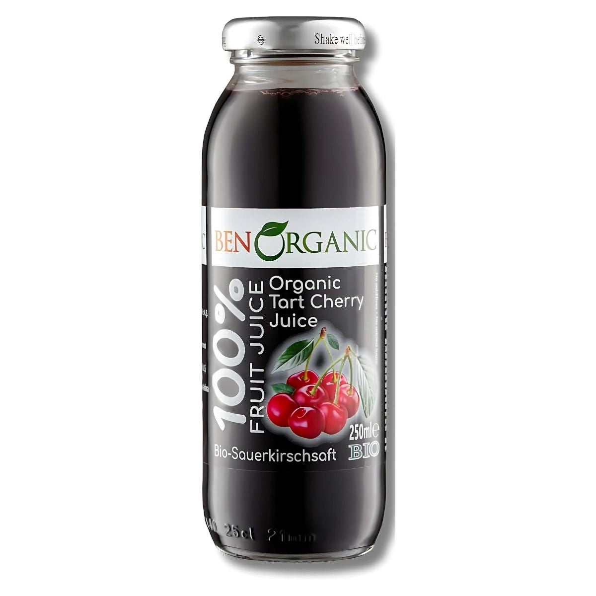 A 250ml glass bottle of Ben Organic - Tart Cherry Juice (100%), with cherries on the label, offers antioxidant-rich refreshment to support daily wellness. A 250ml glass bottle of Ben Organic - Tart Cherry Juice (100%), with cherries on the label, offers antioxidant-rich refreshment to support daily wellness.