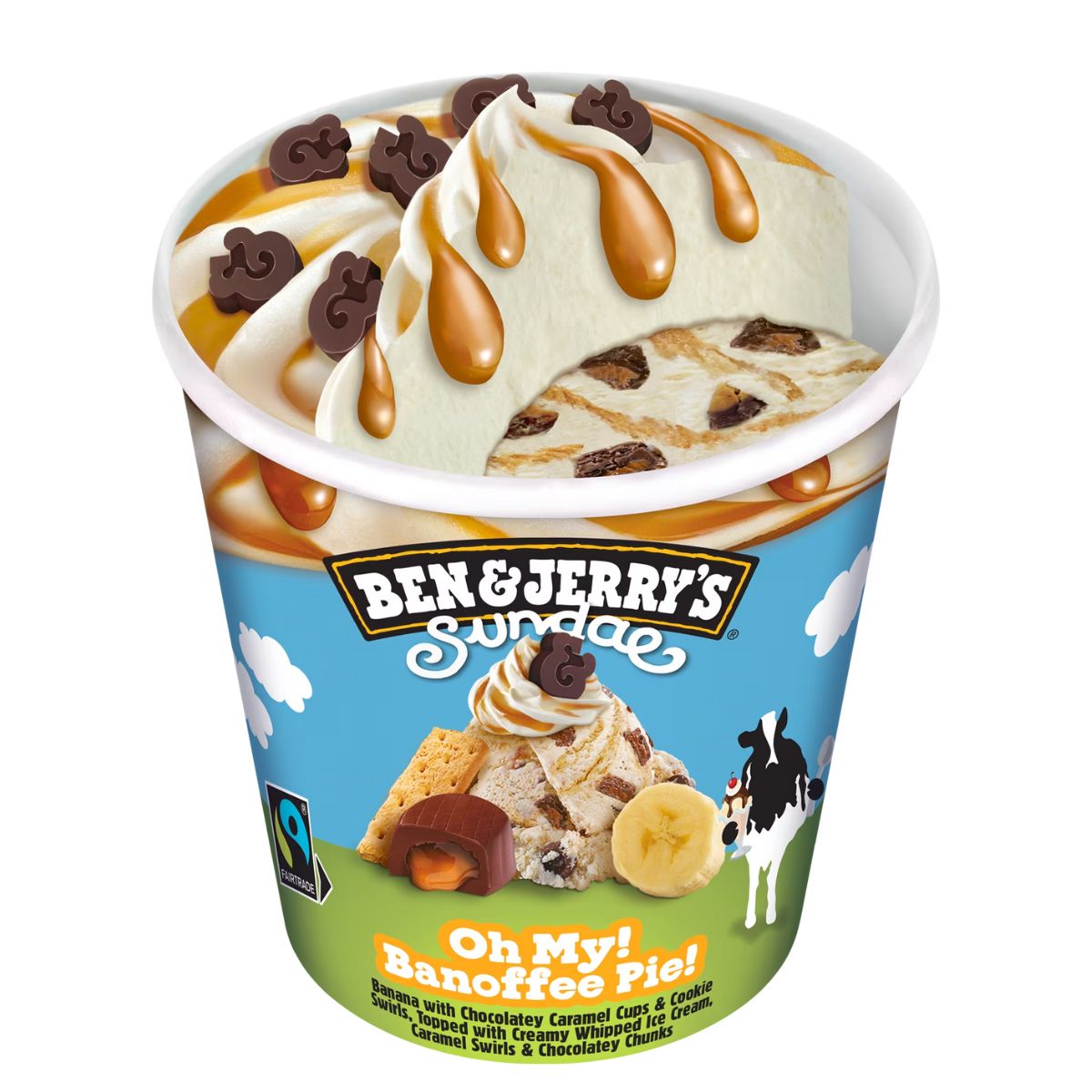 A cup of Ben & Jerrys - Oh My Banoffee Pie - 427ml with bananas and chocolate chips.